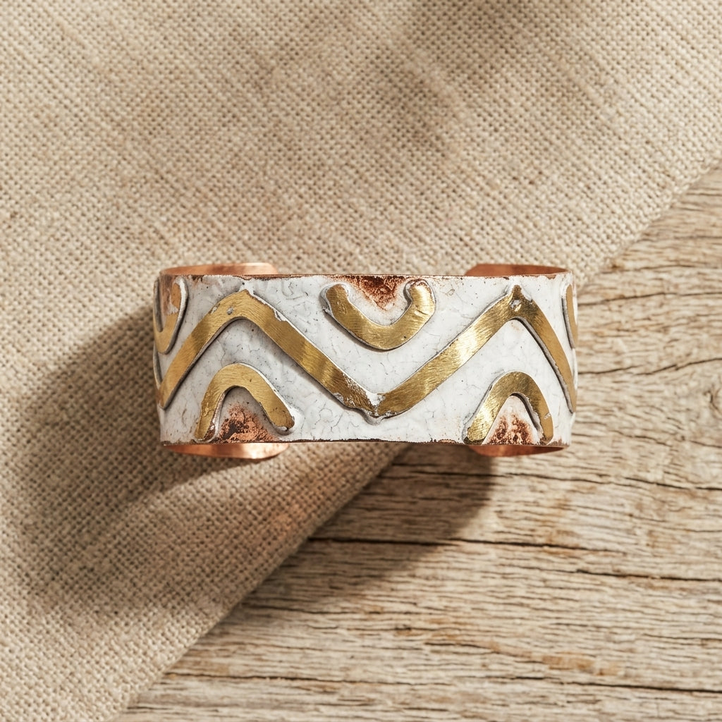 Handcrafted Rustic Copper Patina Bracelet - Ivory Chevron