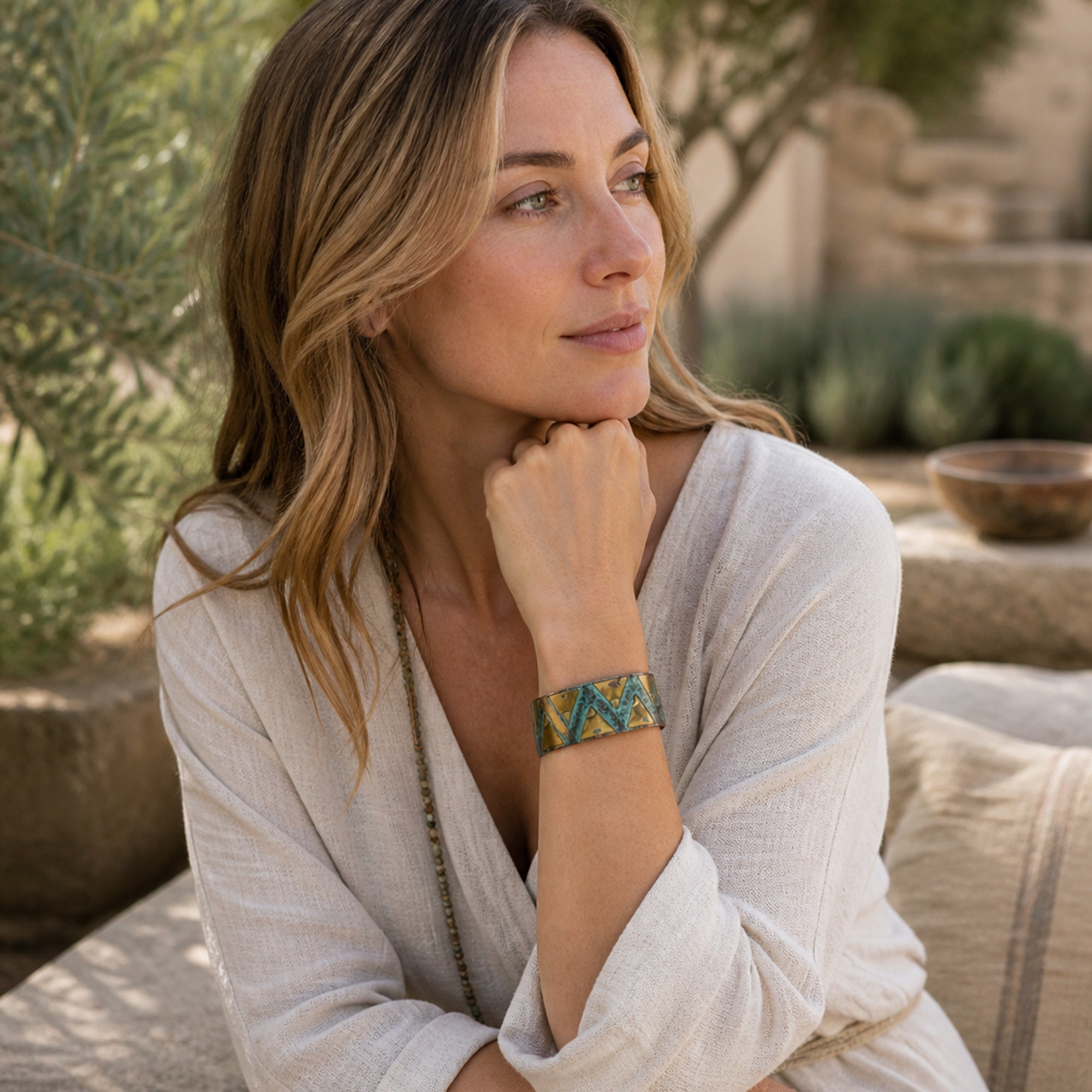 Handcrafted Rustic Copper Patina Bracelet - Aqua Triangle