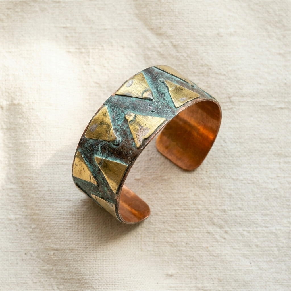Handcrafted Rustic Copper Patina Bracelet - Aqua Triangle