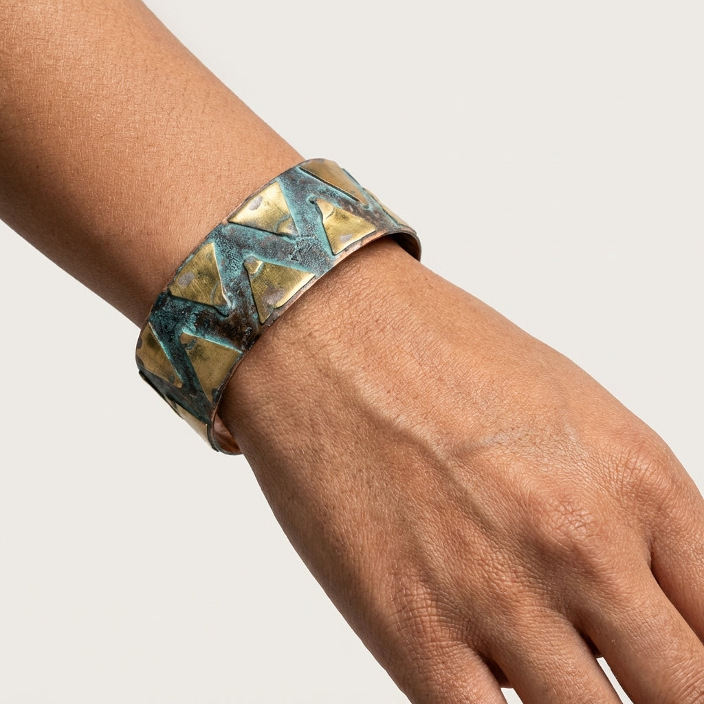 Handcrafted Rustic Copper Patina Bracelet - Aqua Triangle