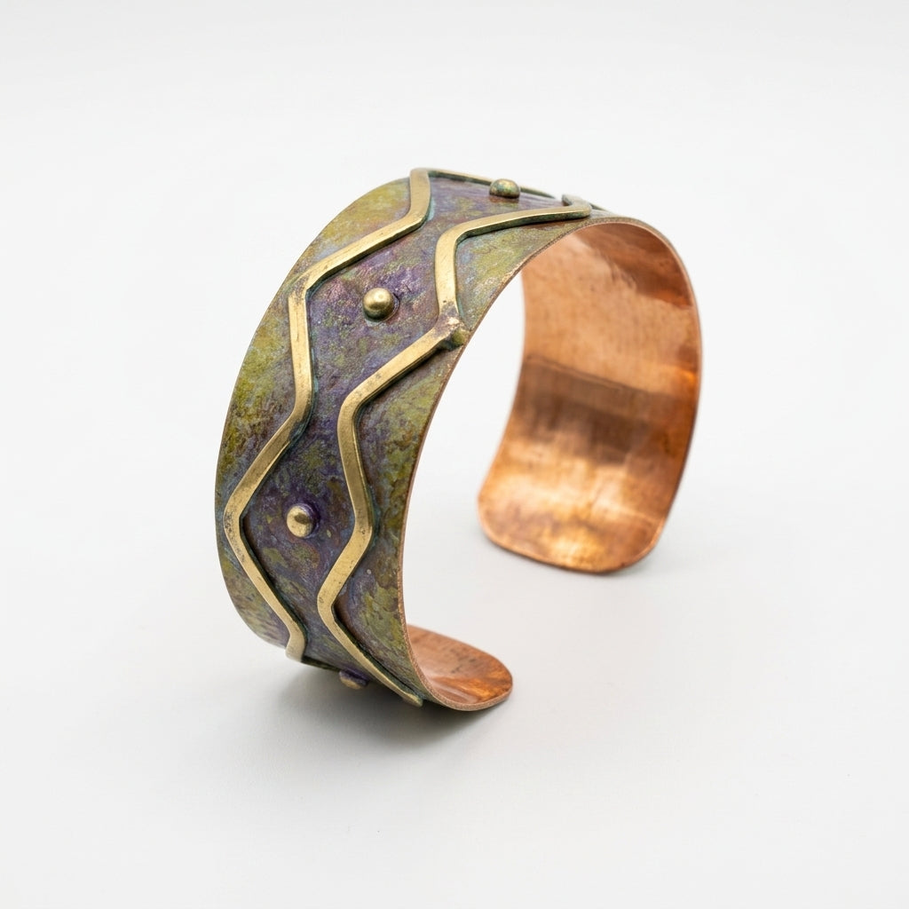 Handcrafted Rustic Copper Patina Bracelet -  Olive Zigzag