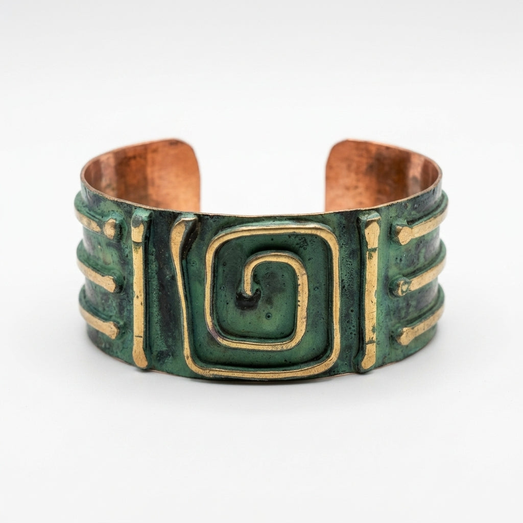 Handcrafted Rustic Copper Patina Bracelet - Sage Spiral