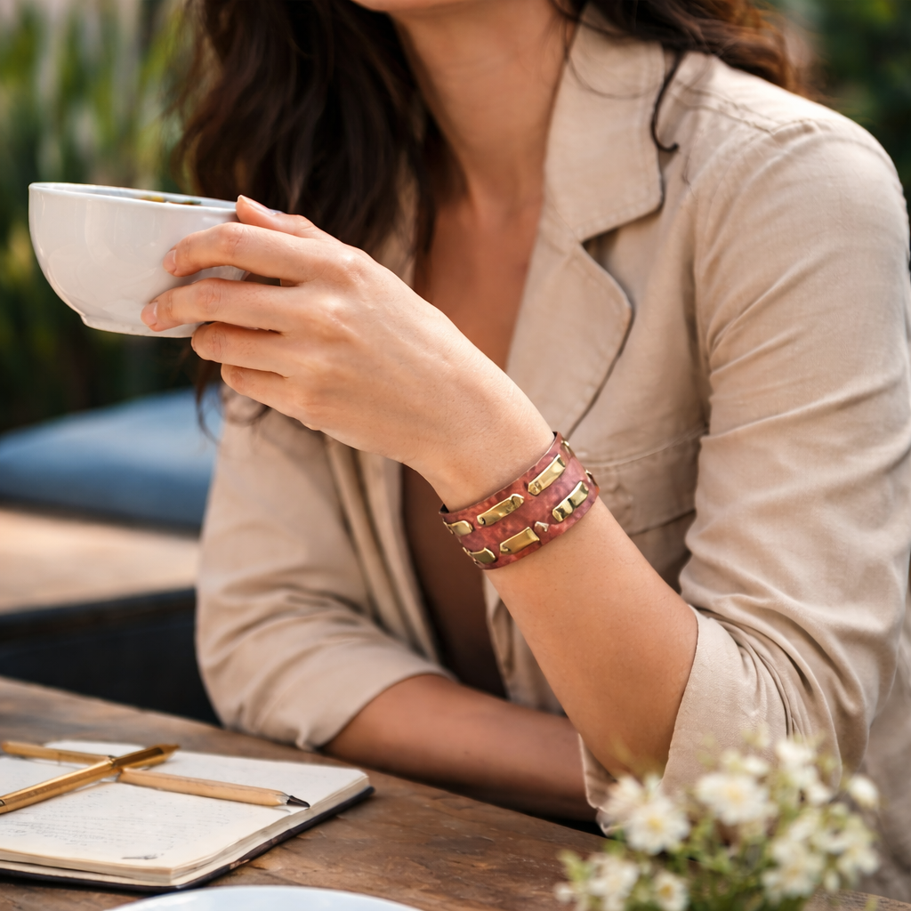 Handcrafted Rustic Copper Patina Bracelet Burgundy Bars