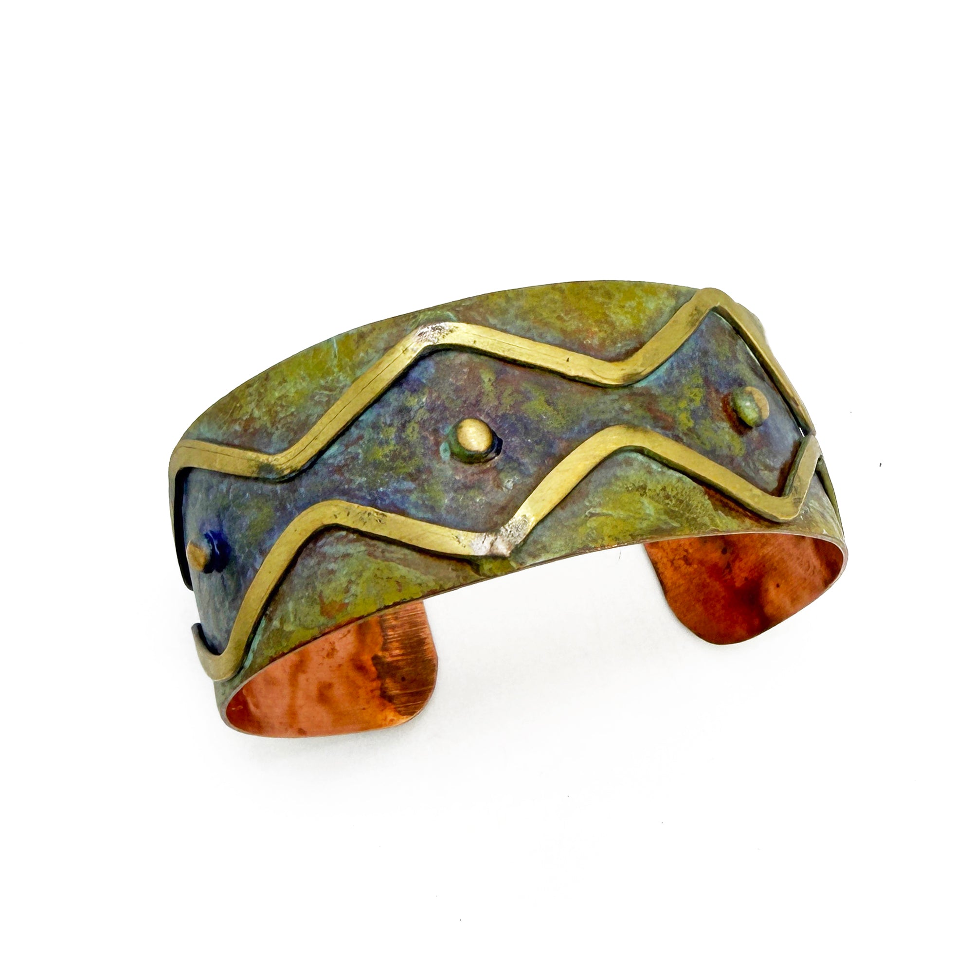 Handcrafted Rustic Copper Patina Bracelet -  Olive Zigzag