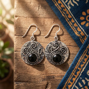 Handcrafted Kashi Antique Silver Earrings with Black Onyx