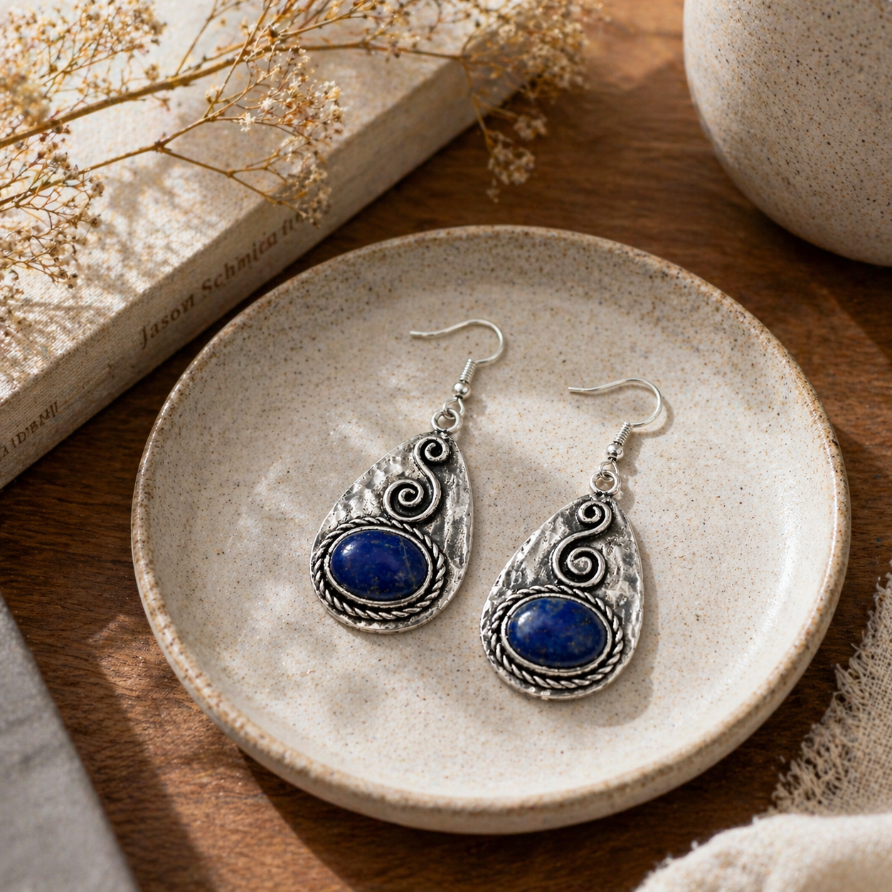 Handcrafted Kashi Antique Silver Earrings with Lapis