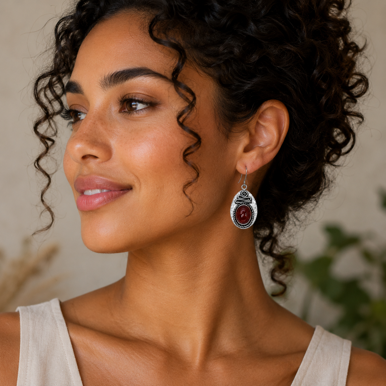 Handcrafted Kashi Antique Silver Earrings with Red Onyx