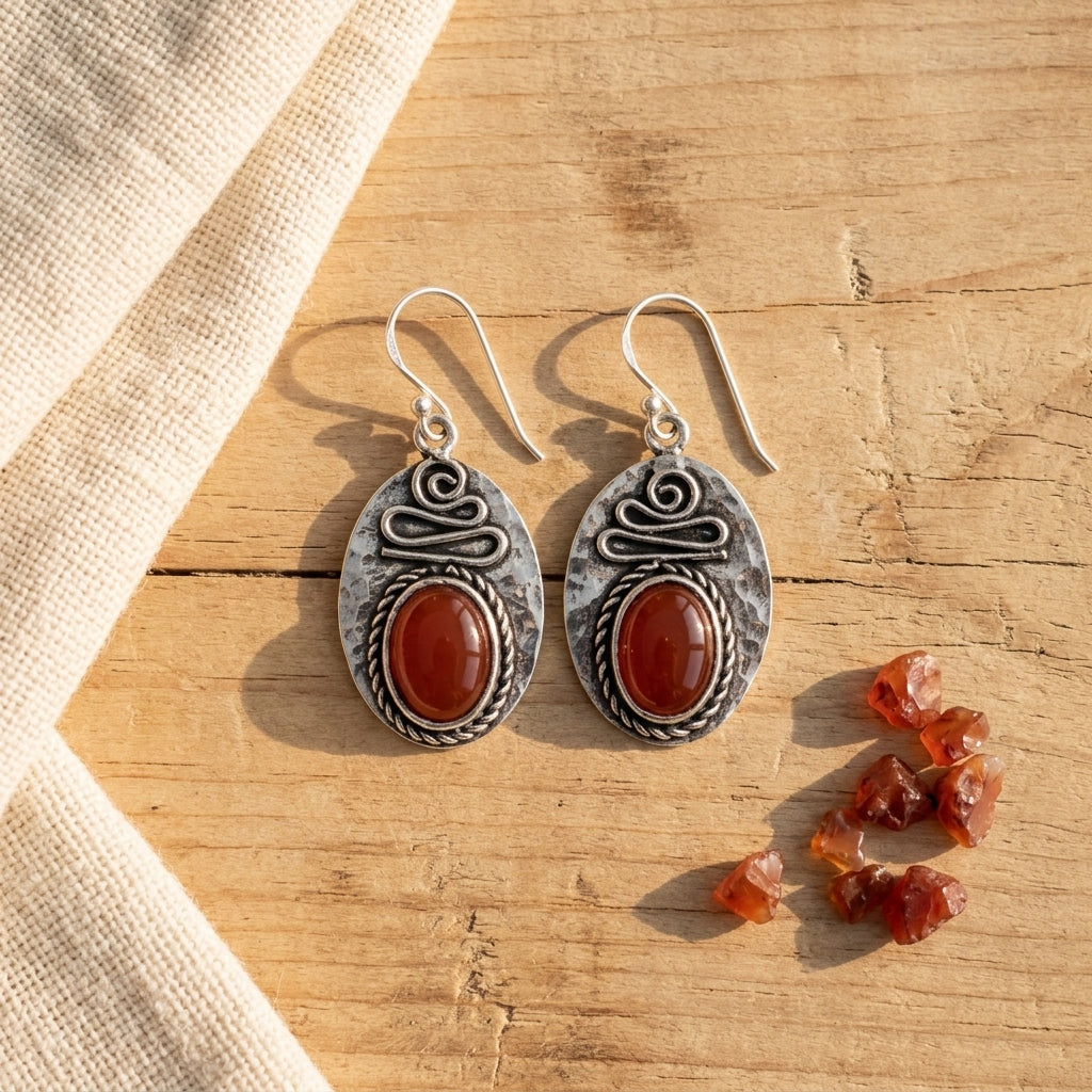 Handcrafted Kashi Antique Silver Earrings with Red Onyx