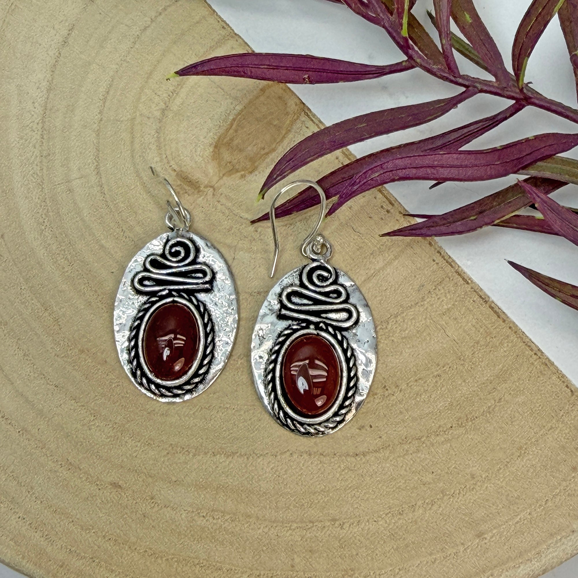 Handcrafted Kashi Antique Silver Earrings with Red Onyx