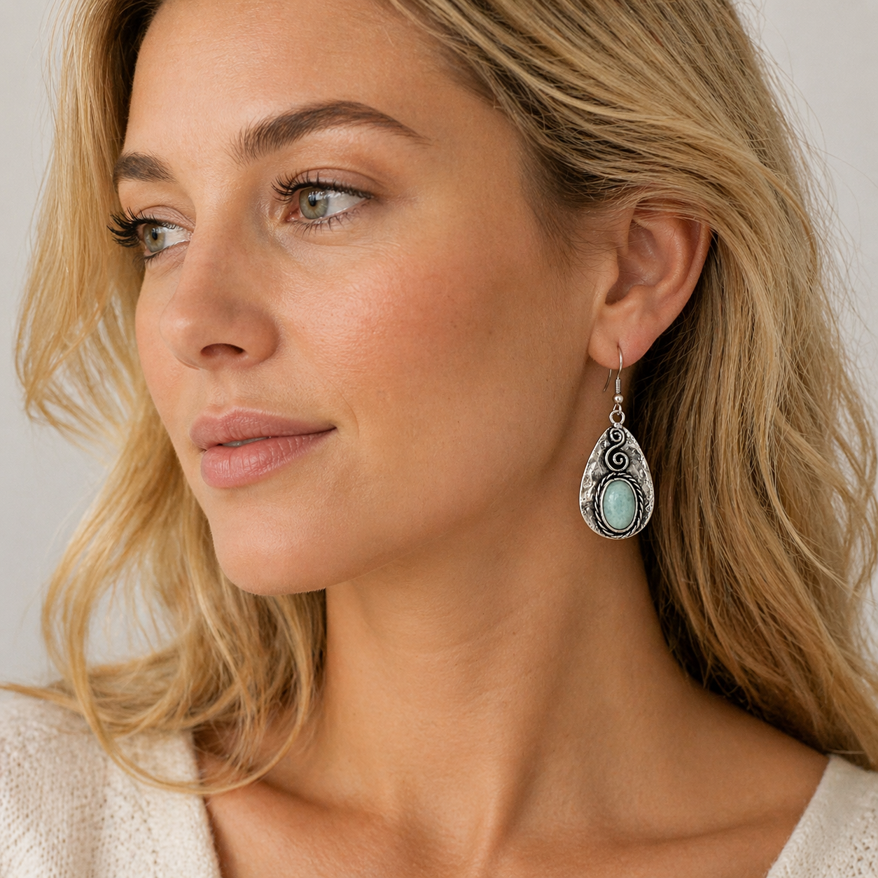 Handcrafted Kashi Antique Silver Earrings with Amazonite