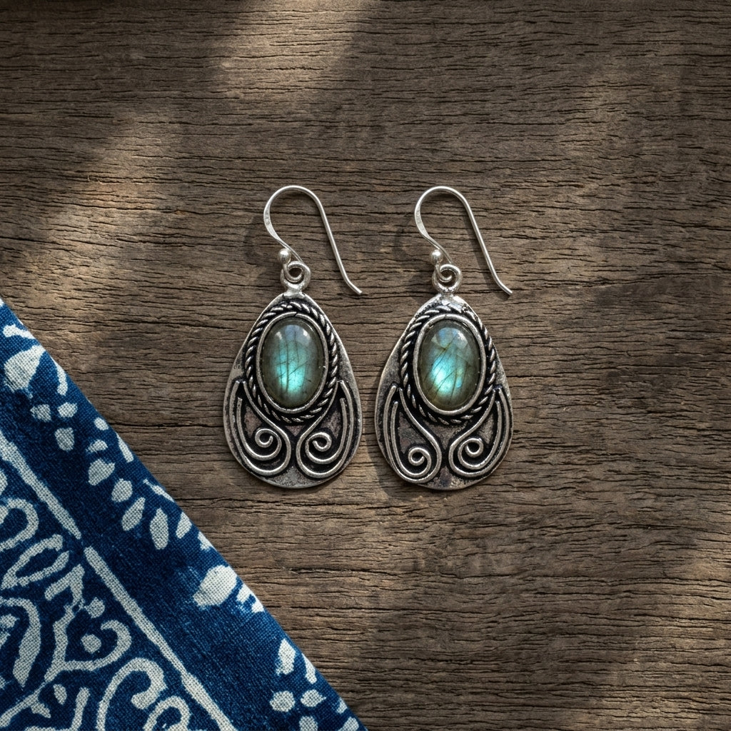 Handcrafted Kashi Antique Silver Earrings with Labradorite