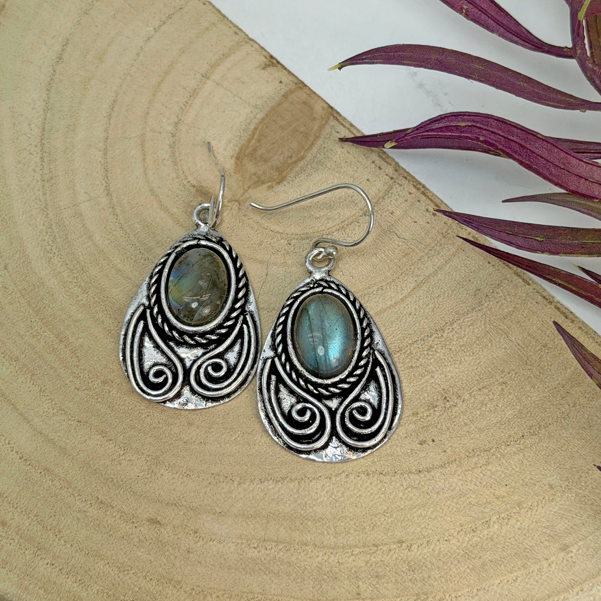 Handcrafted Kashi Antique Silver Earrings with Labradorite