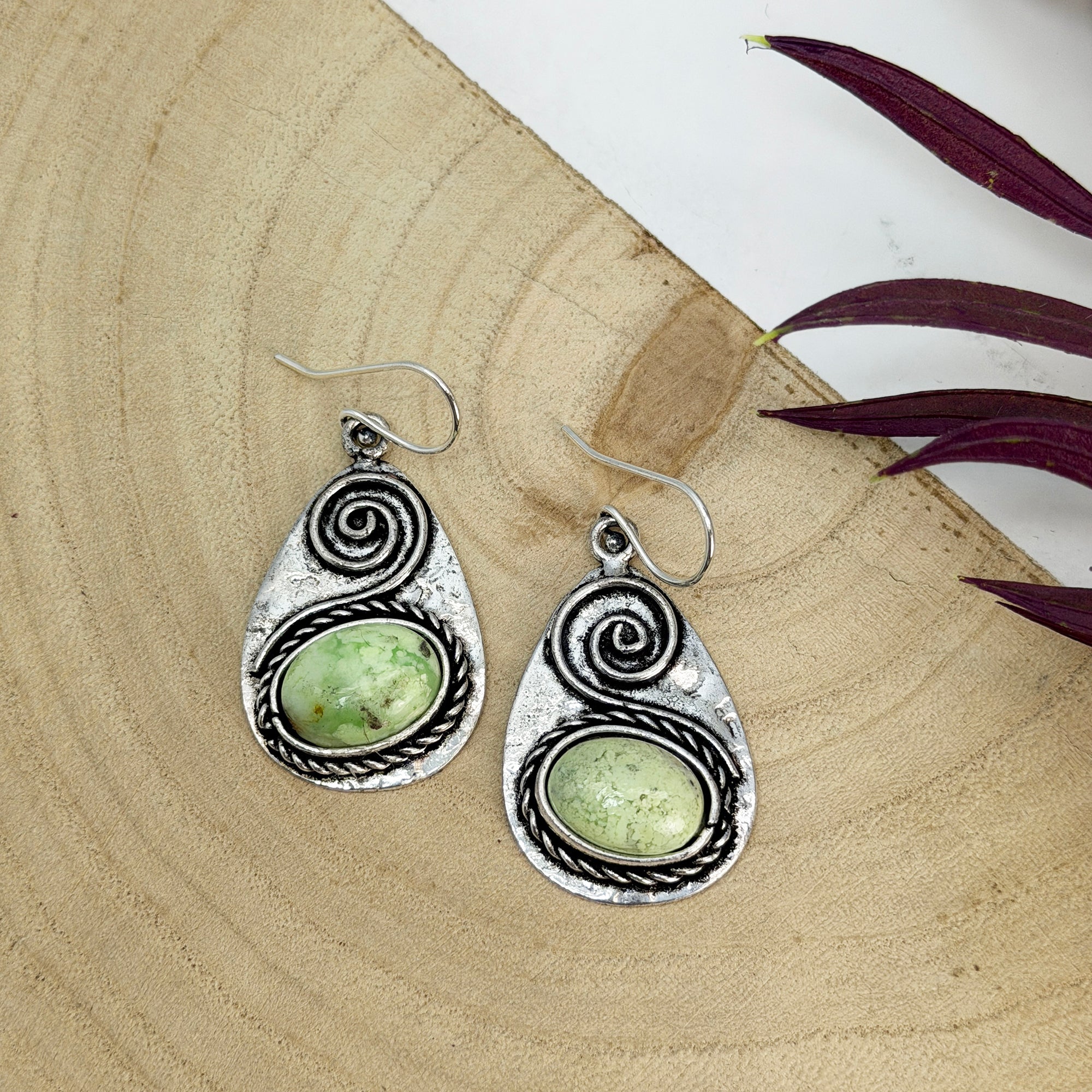 Handcrafted Kashi Antique Silver Earrings Lemon Chrysoprase