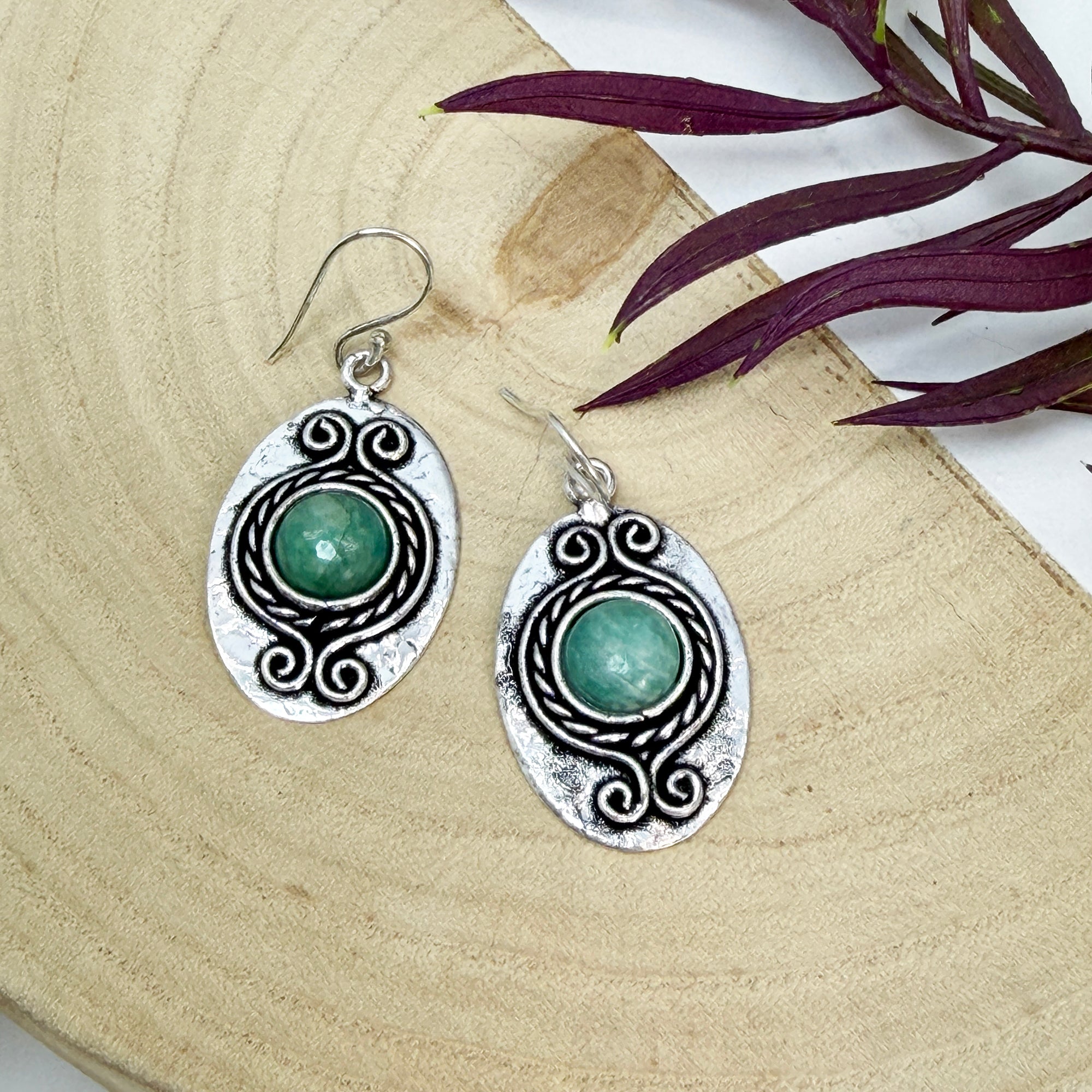Handcrafted Kashi Antique Silver Earrings with Amazonite