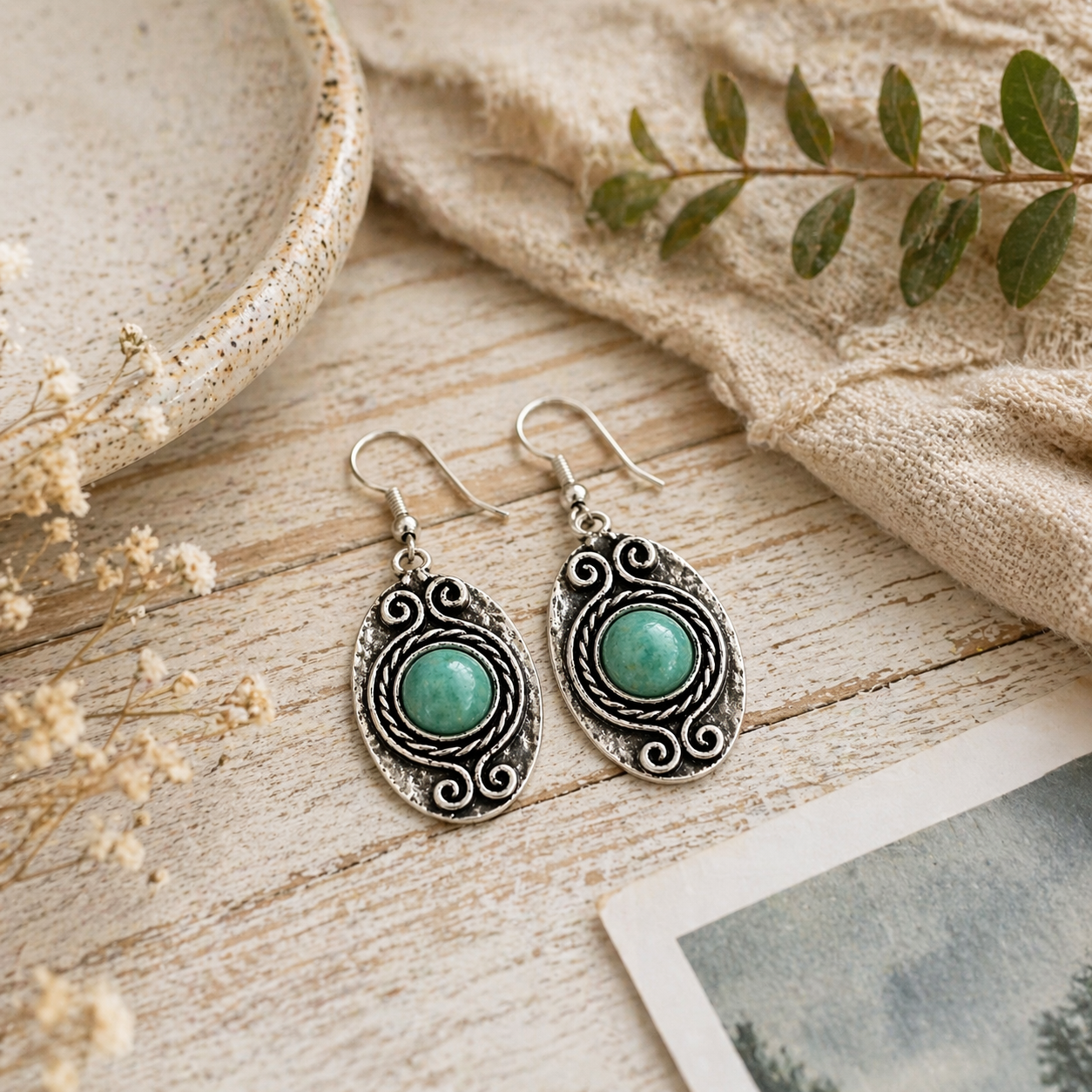 Handcrafted Kashi Antique Silver Earrings with Amazonite