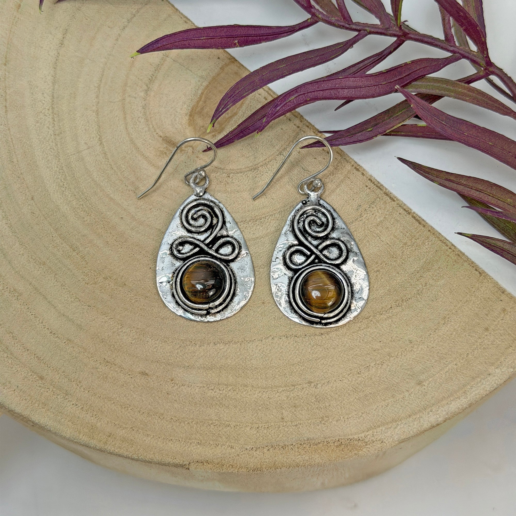 Handcrafted Kashi Antique Silver Earrings with Tiger's Eye