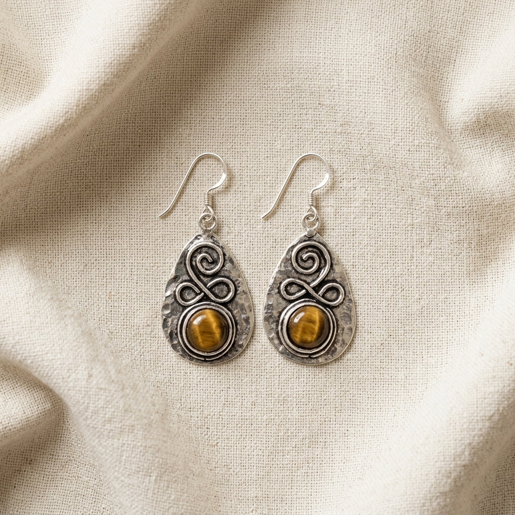 Handcrafted Kashi Antique Silver Earrings with Tiger's Eye
