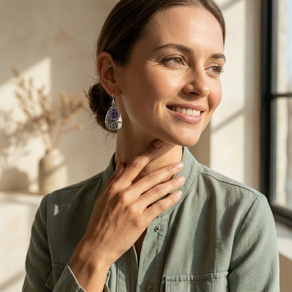 Handcrafted Kashi Antique Silver Earrings with Amethyst
