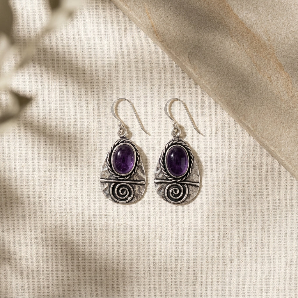 Handcrafted Kashi Antique Silver Earrings with Amethyst