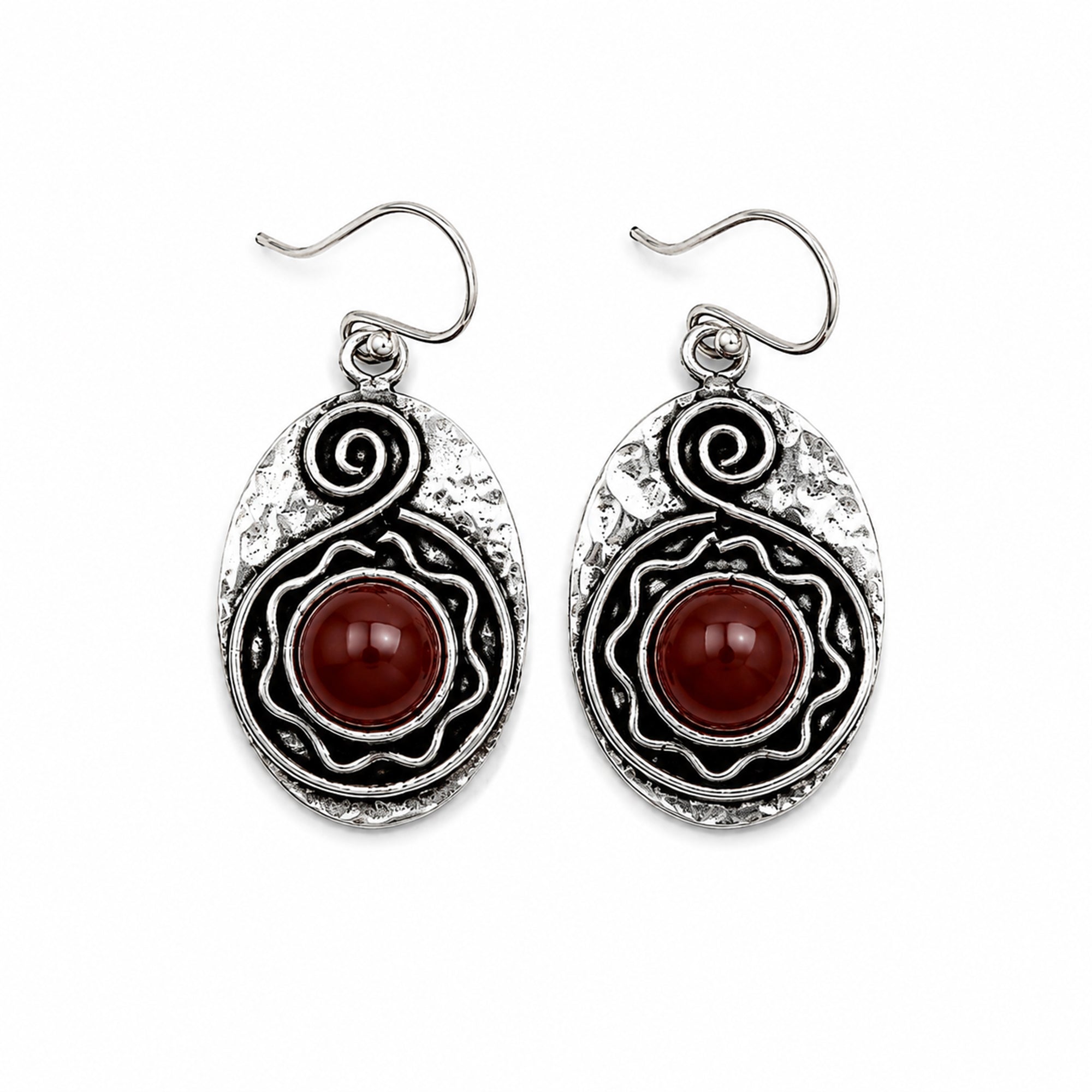 Handcrafted Kashi Antique Silver Earrings with Red Onyx