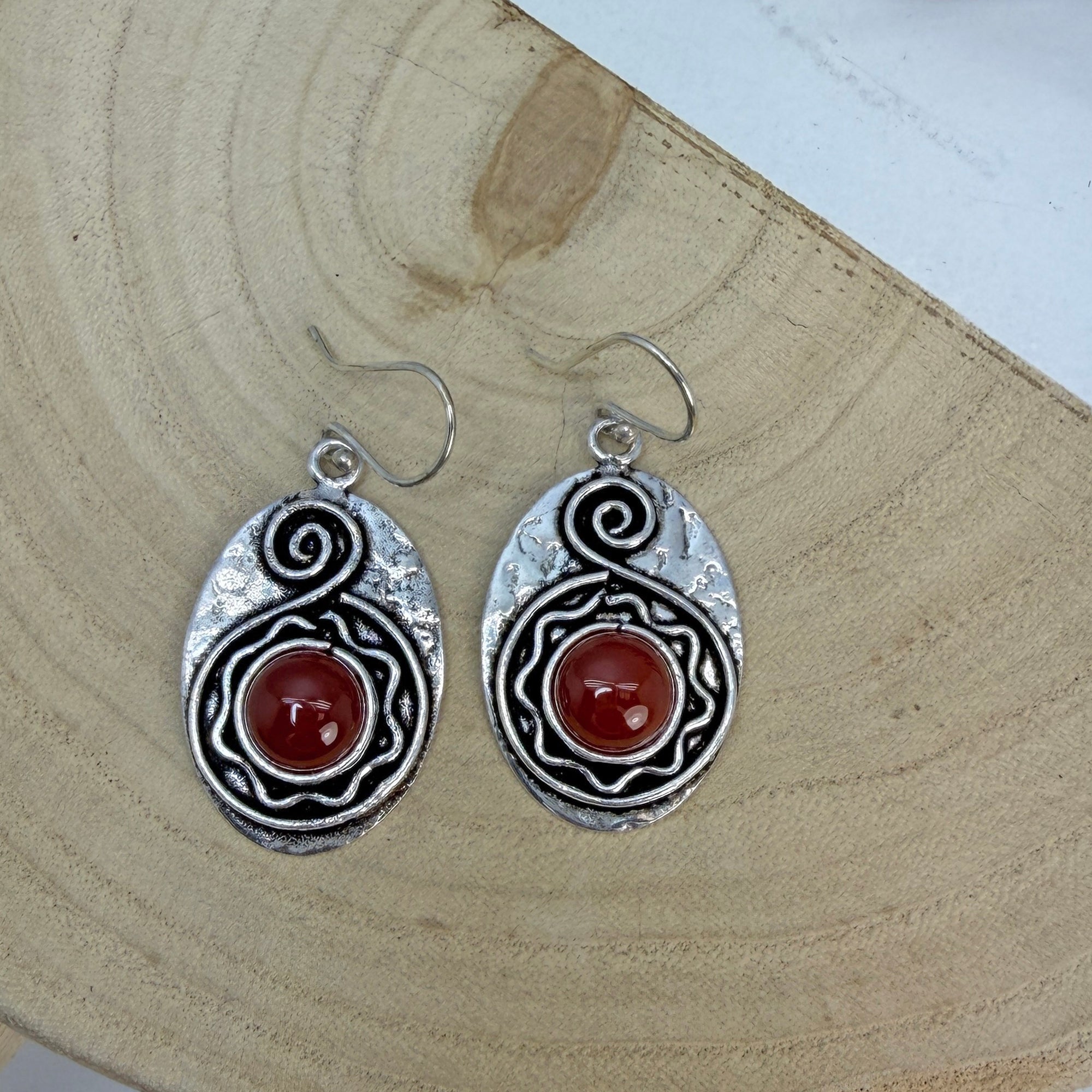 Handcrafted Kashi Antique Silver Earrings with Red Onyx