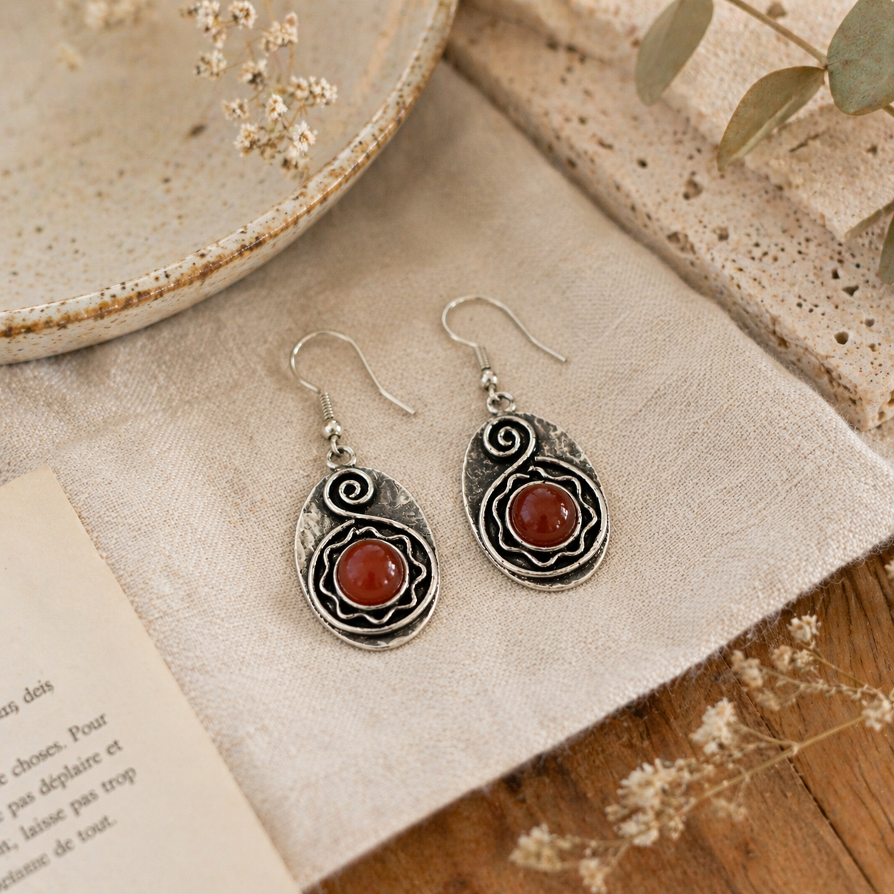 Handcrafted Kashi Antique Silver Earrings with Red Onyx