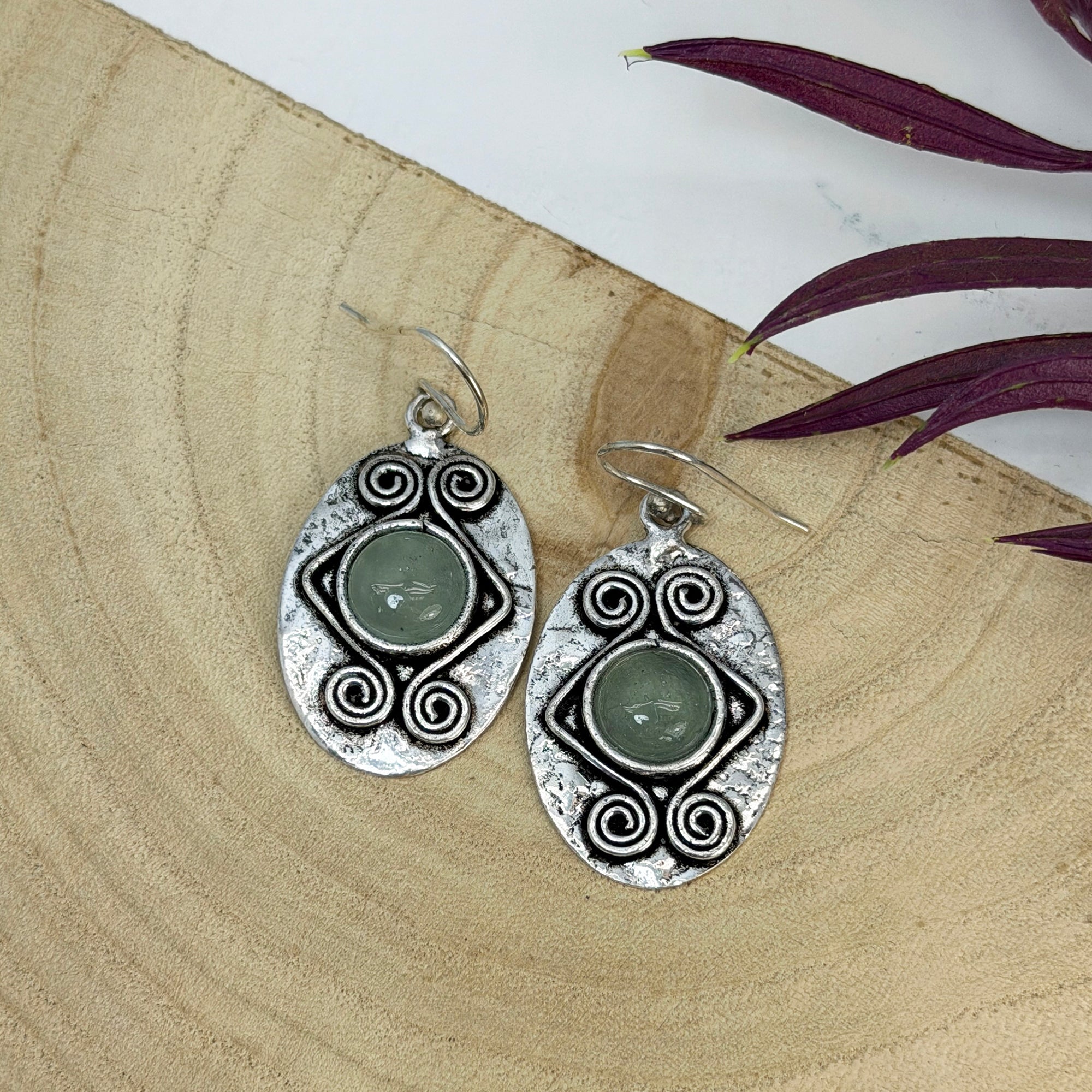 Handcrafted Kashi Antique Silver Earrings with Aventurine