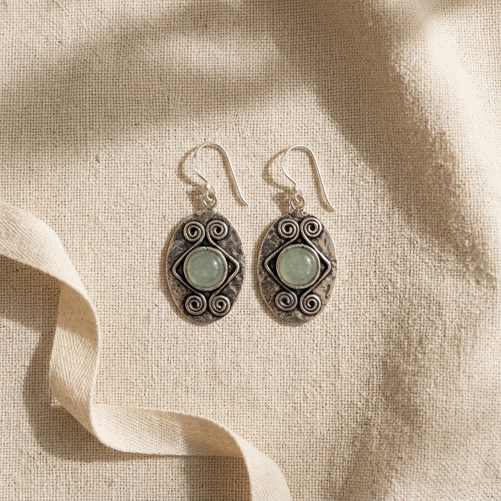Handcrafted Kashi Antique Silver Earrings with Aventurine