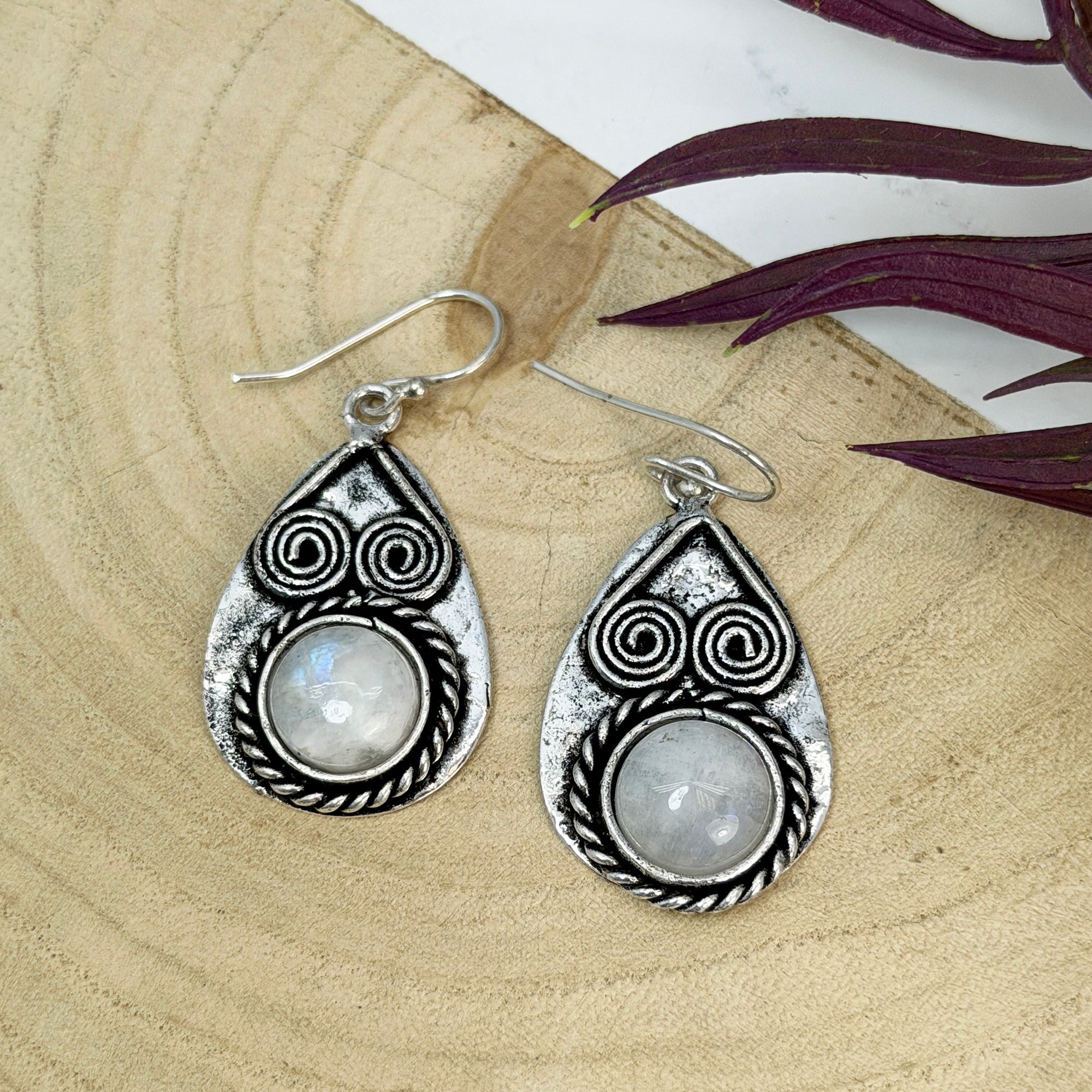 Handcrafted Kashi Antique Silver Earrings with Moonstone