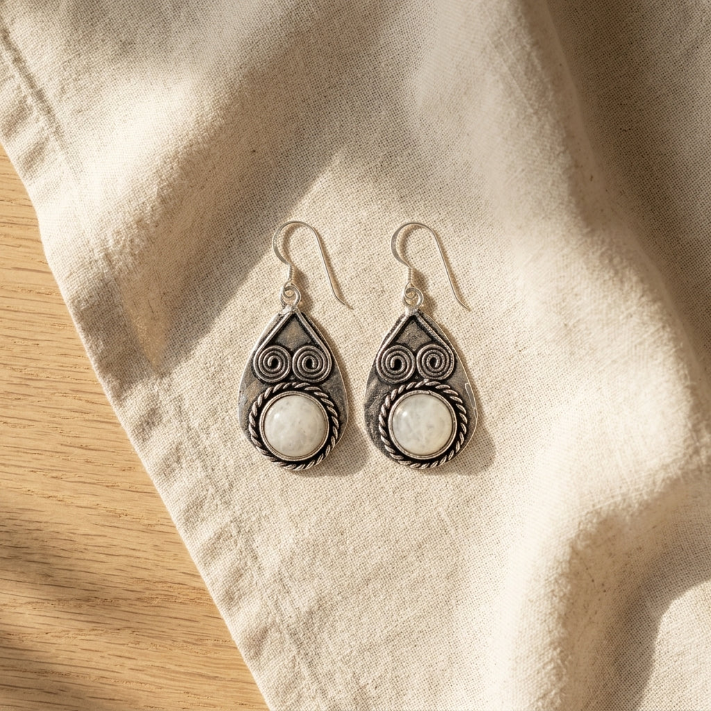 Handcrafted Kashi Antique Silver Earrings with Moonstone