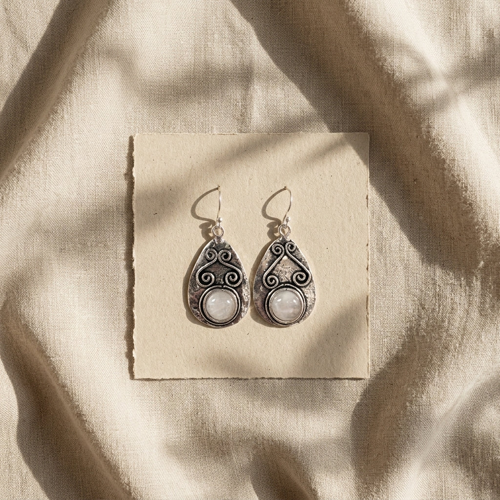 Handcrafted Kashi Antique Silver Earrings with Rose Quartz
