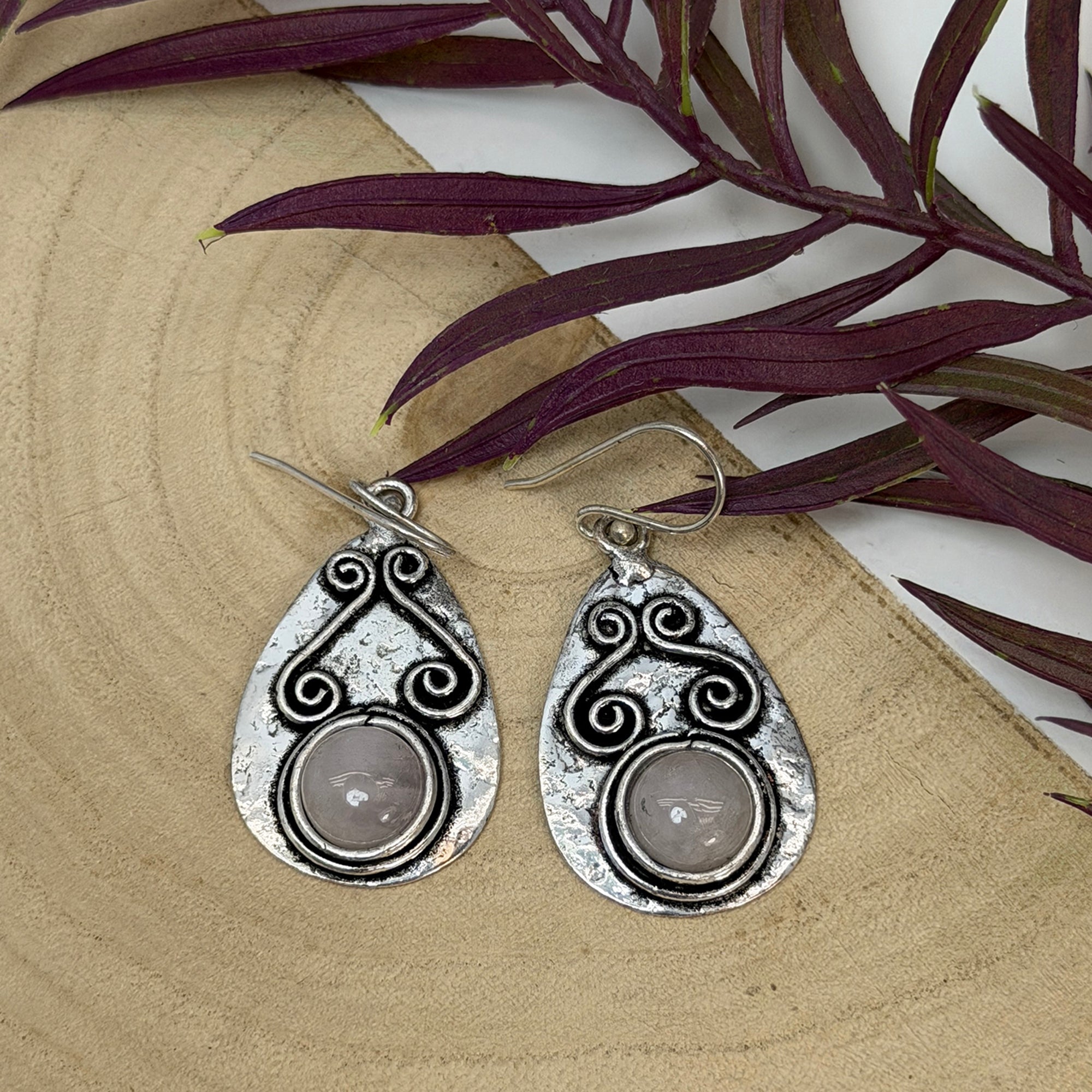 Handcrafted Kashi Antique Silver Earrings with Rose Quartz