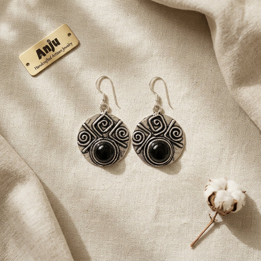 Handcrafted Kashi Antique Silver Earrings with Black Onyx