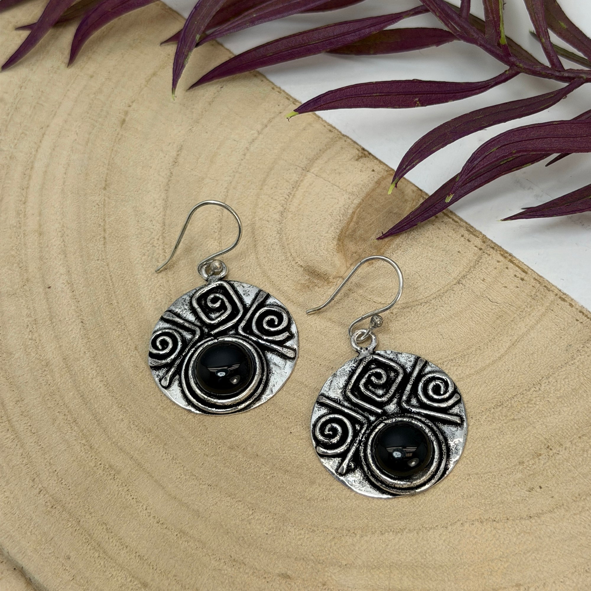 Handcrafted Kashi Antique Silver Earrings with Black Onyx