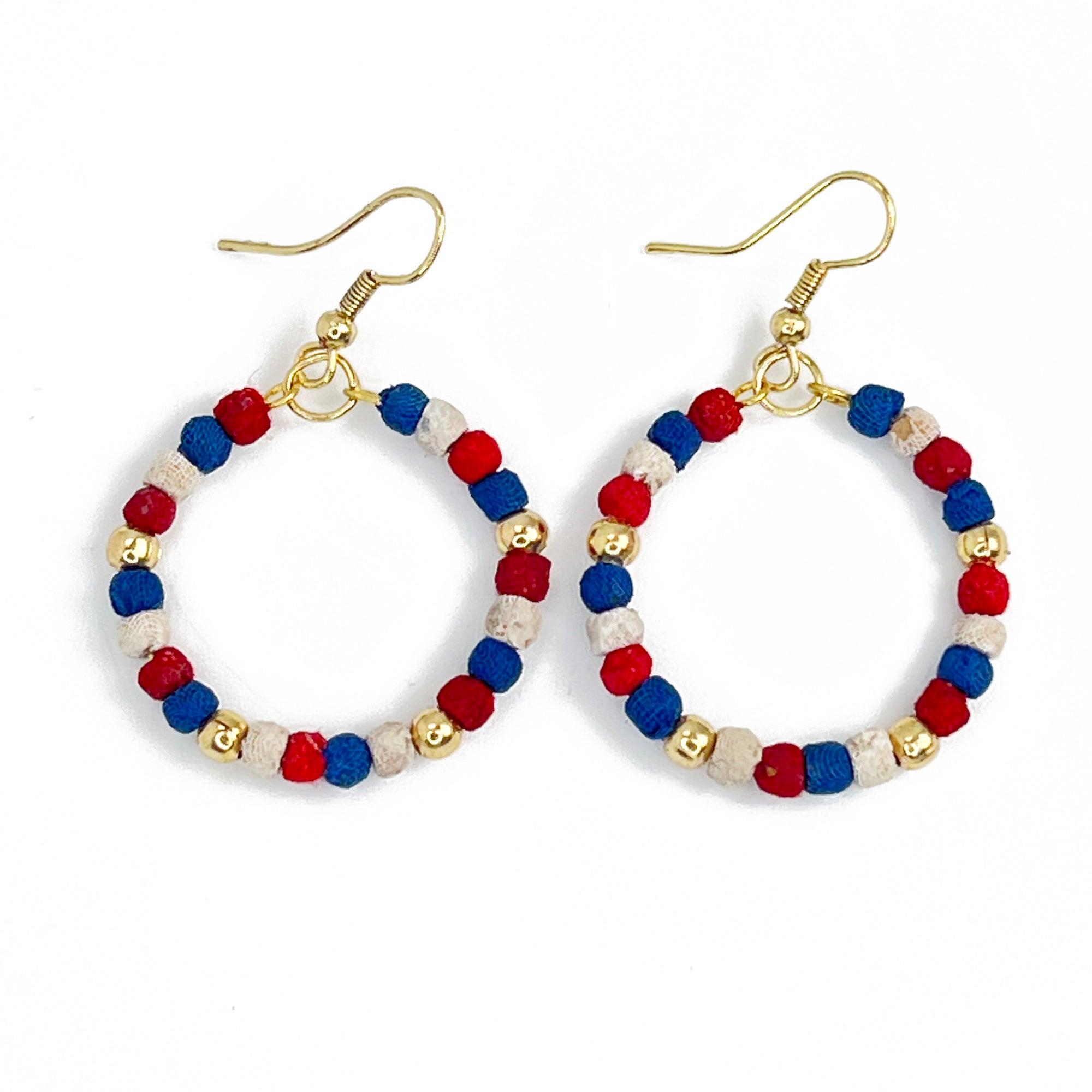 Aasha Patriotic Small Bead Hoop Kantha Handcrafted Earrings