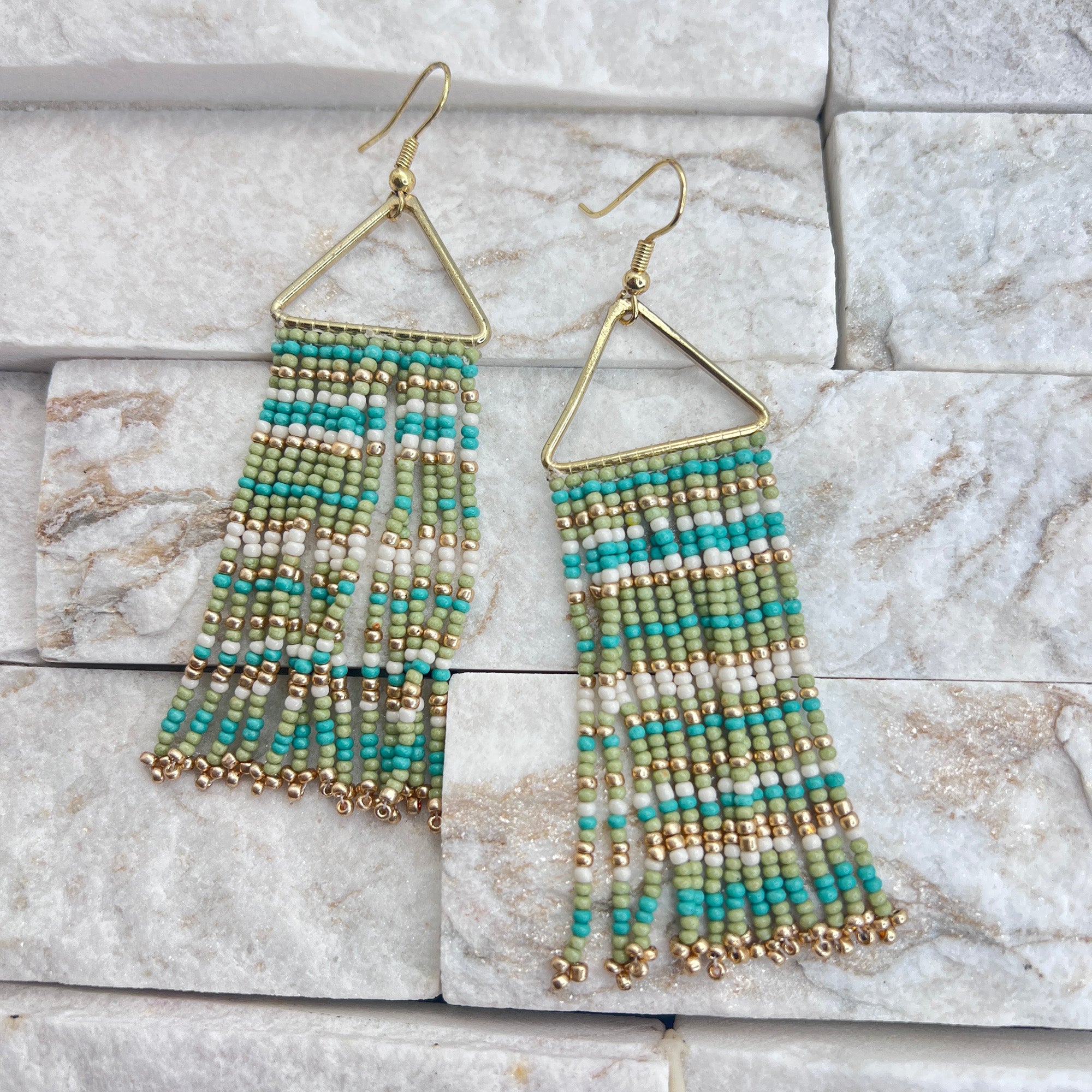 Seed Bead Color Waterfall Earrings - Sage Green