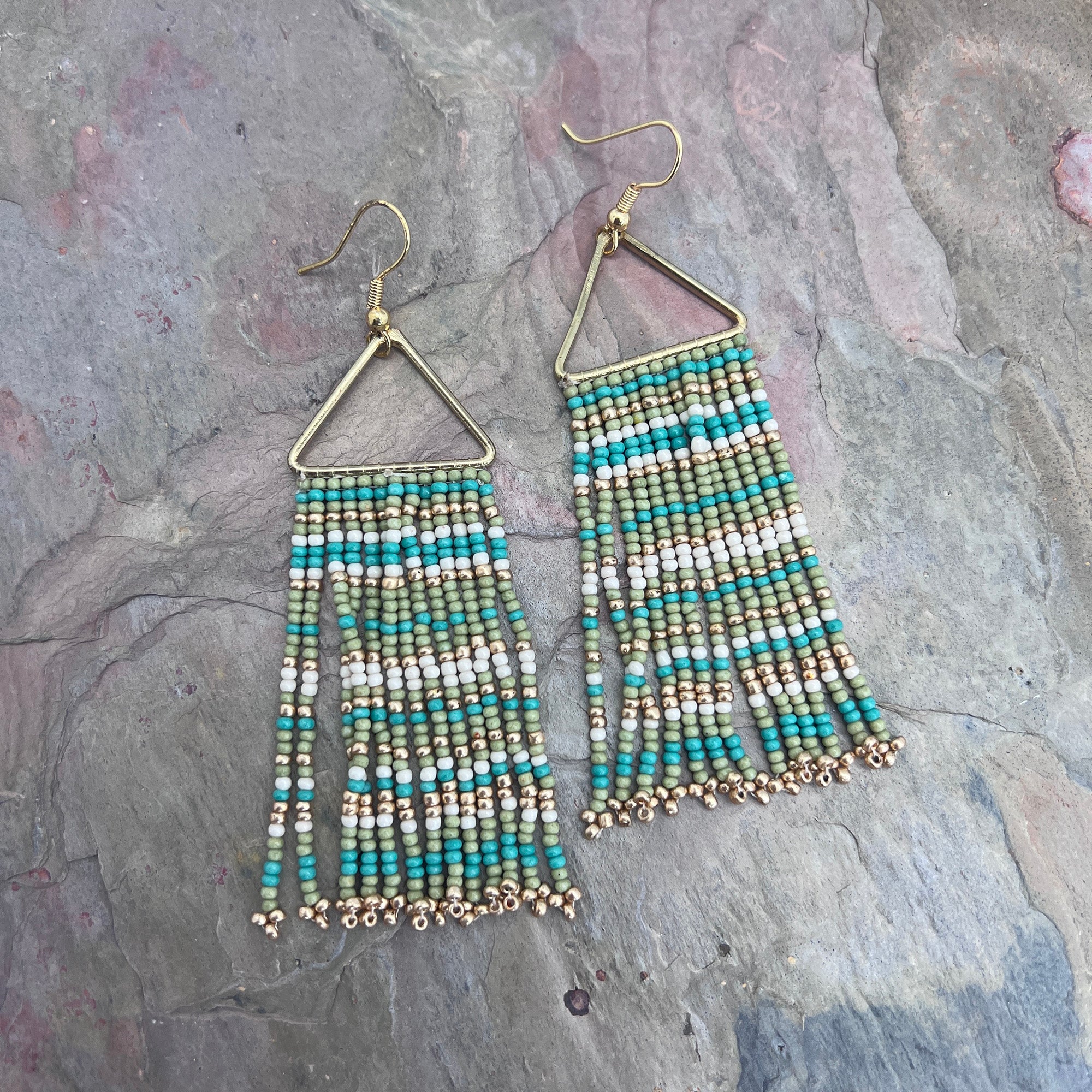 Seed Bead Color Waterfall Earrings - Sage Green