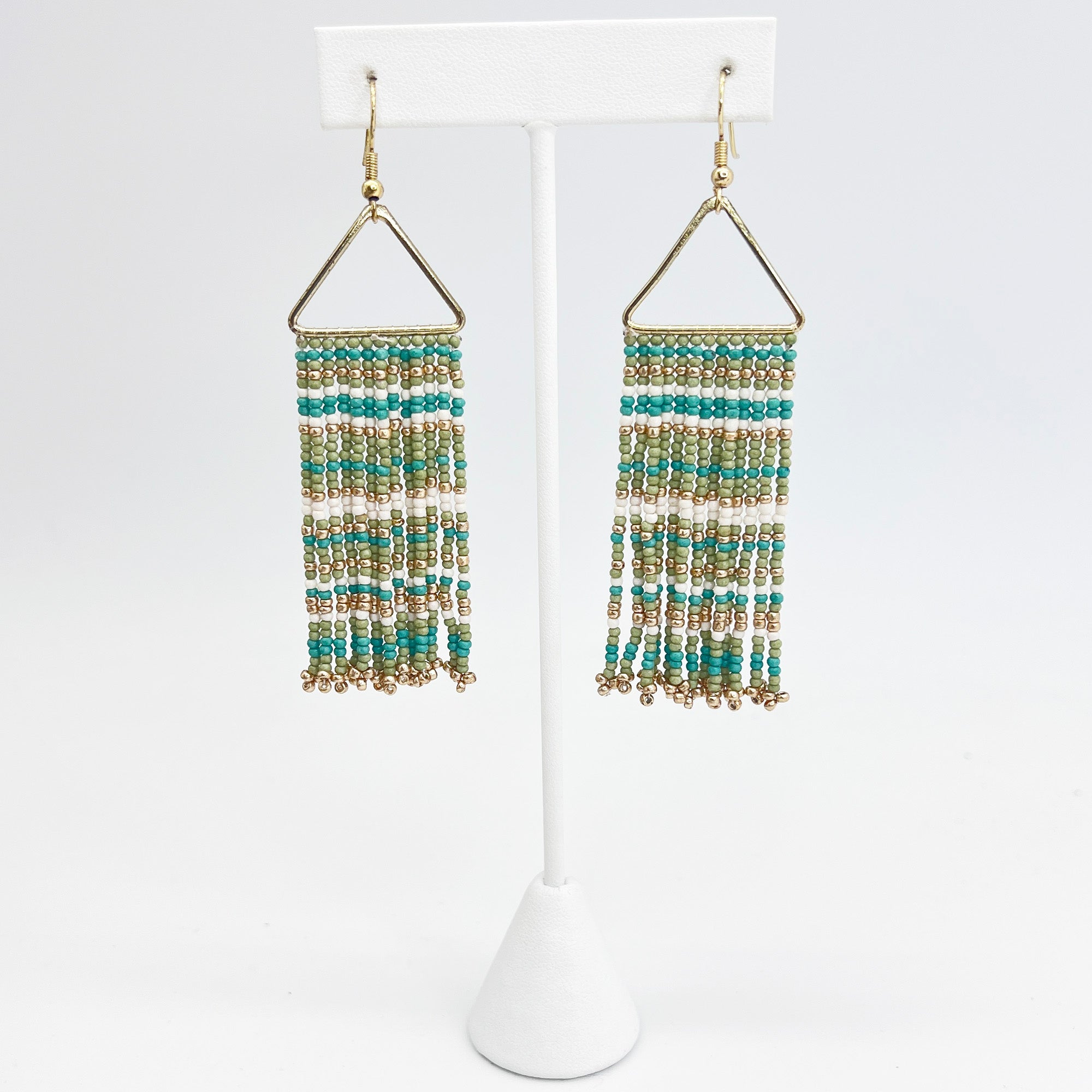 Seed Bead Color Waterfall Earrings - Sage Green