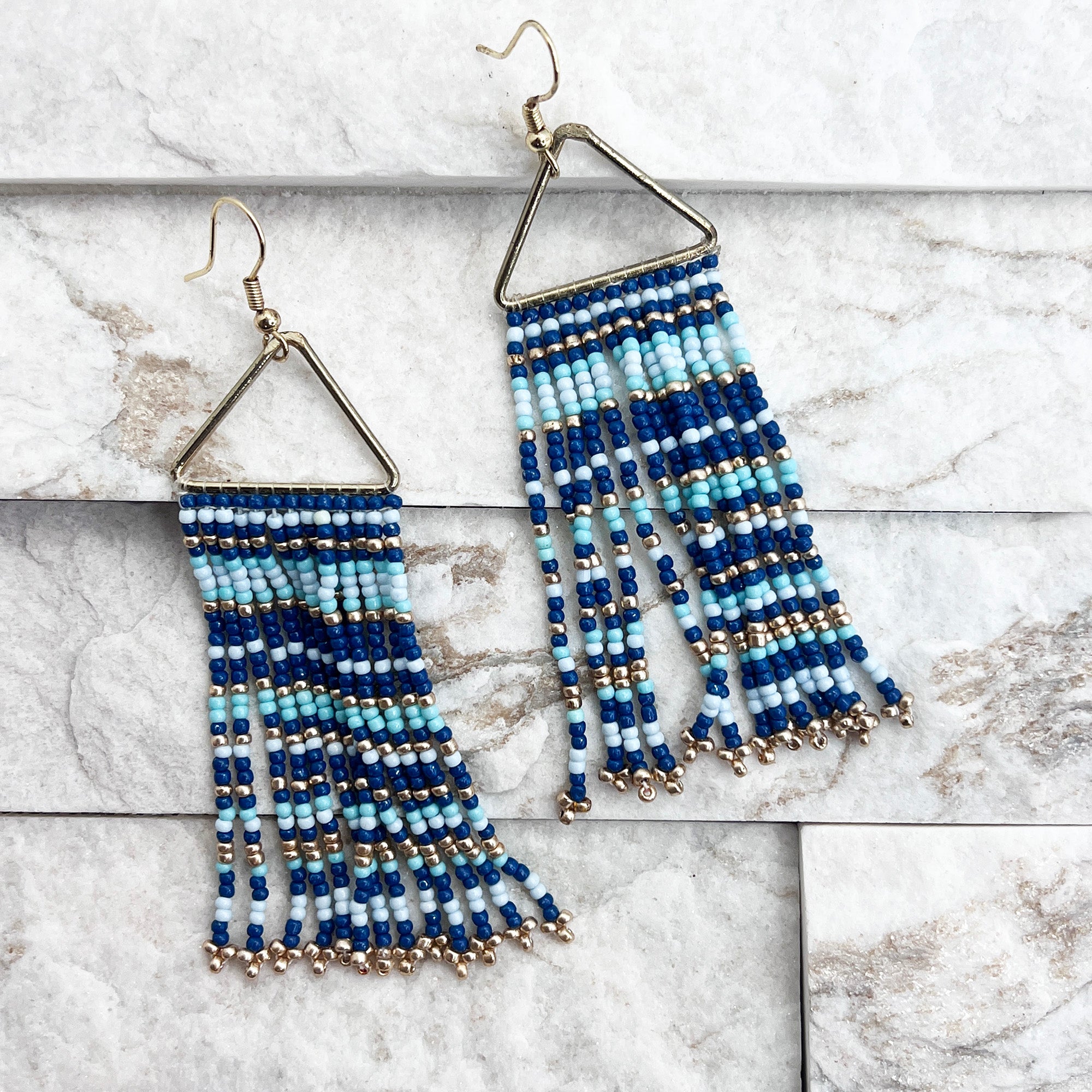 Seed Bead Color Waterfall Earrings - Blue
