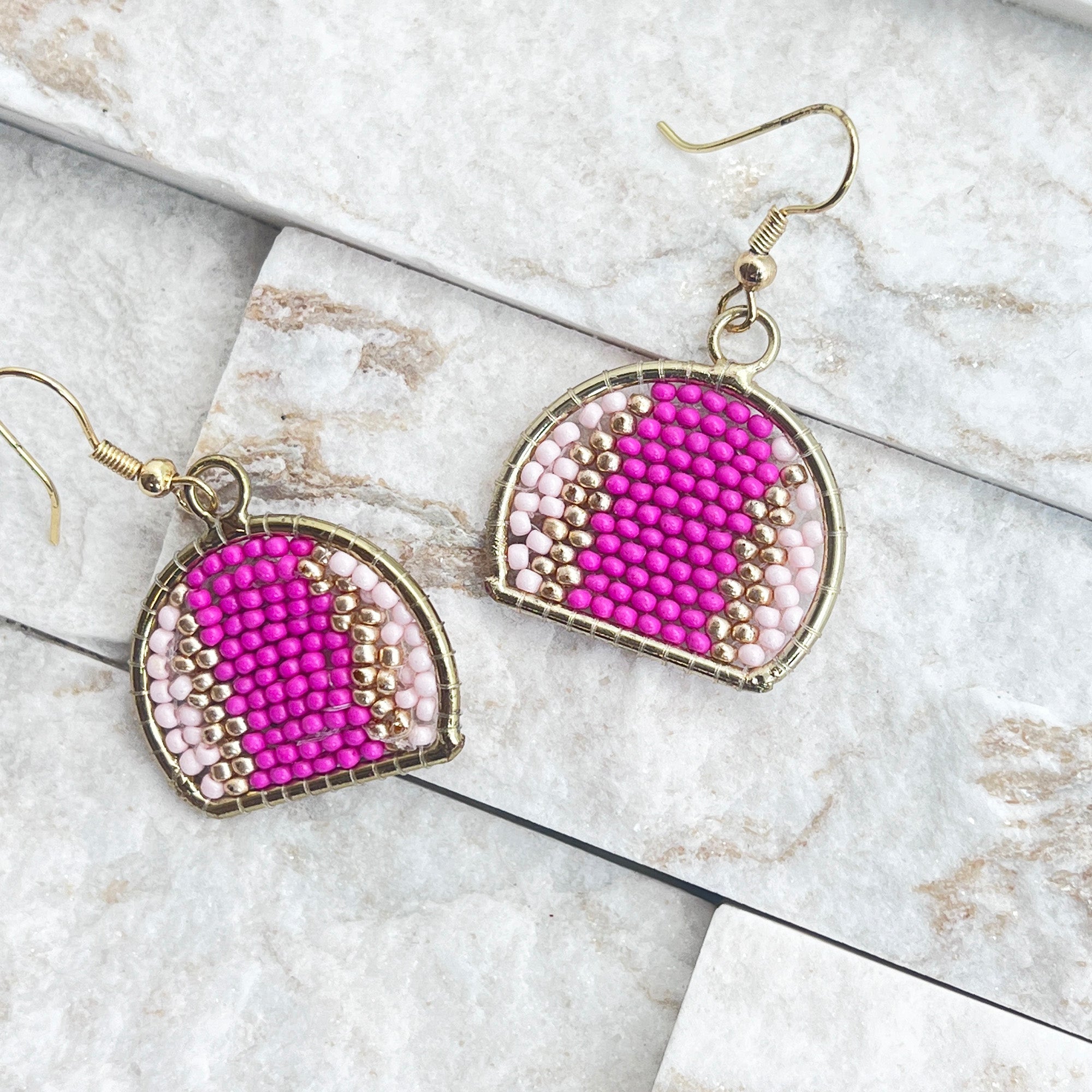 Seed Bead Arch Earrings - Pink