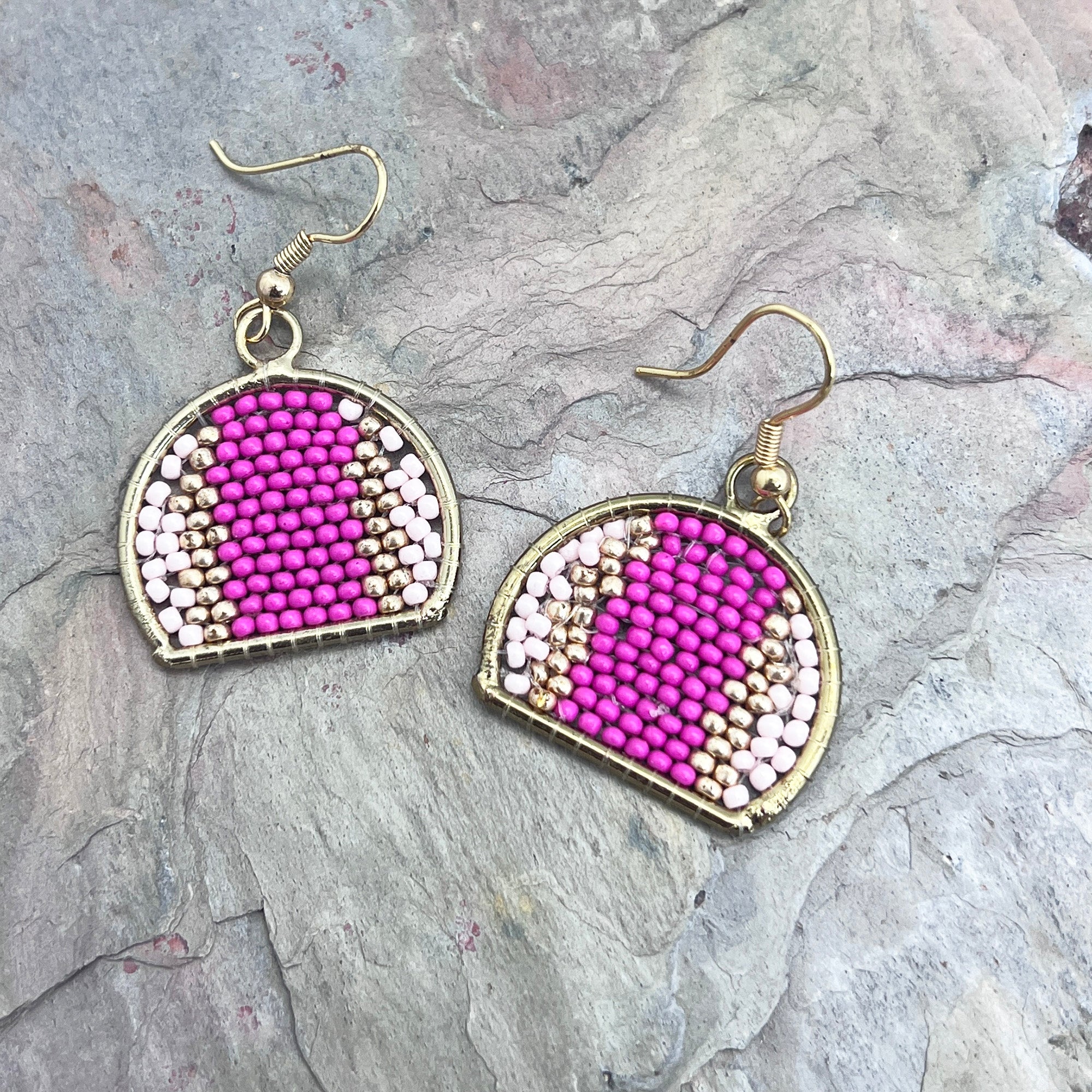 Seed Bead Arch Earrings - Pink