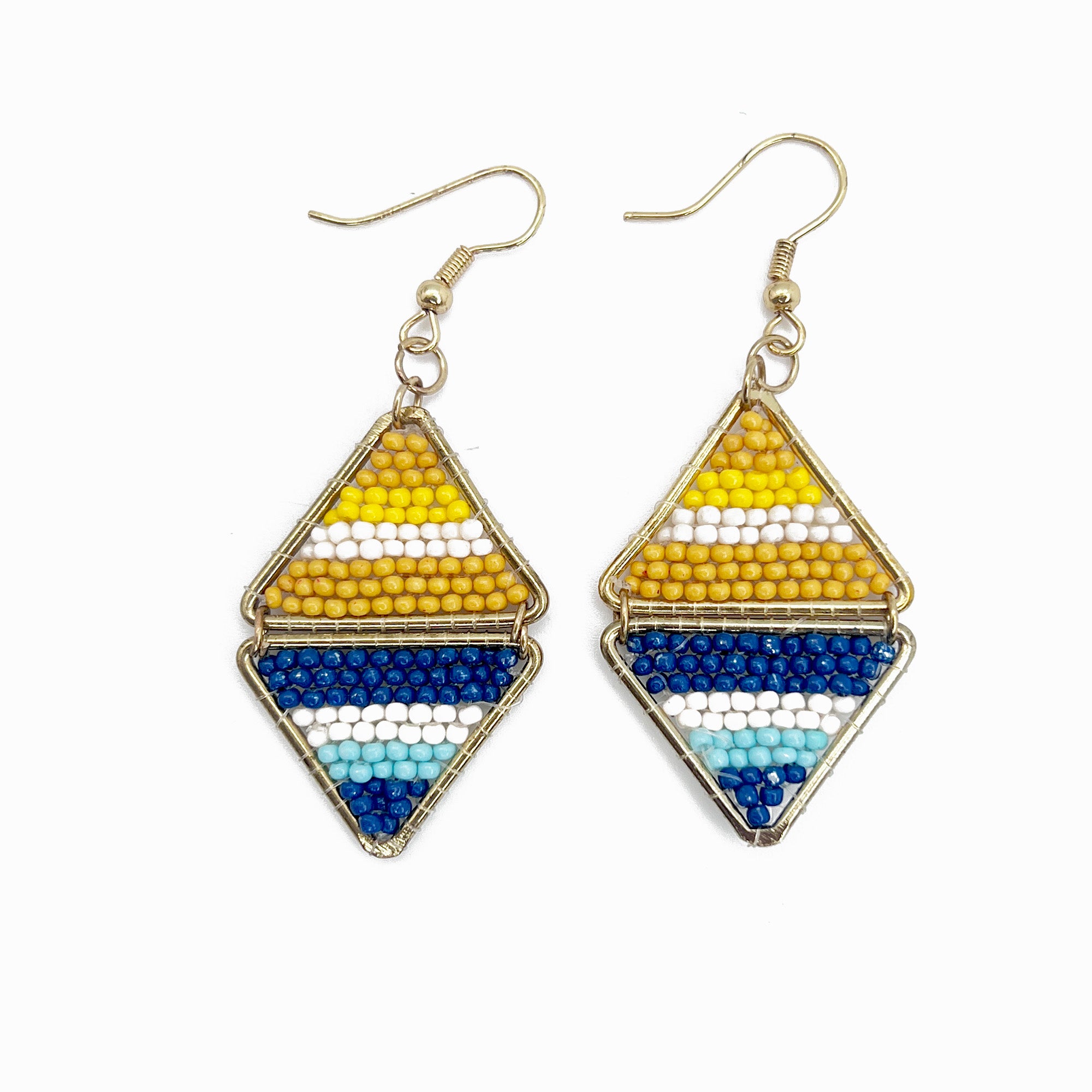 Seed Bead Layered Triangles Earrings - Yellow and Blue