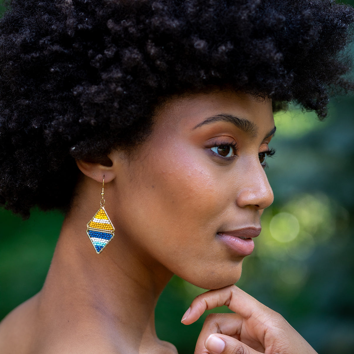 Seed Bead Layered Triangles Earrings - Yellow and Blue