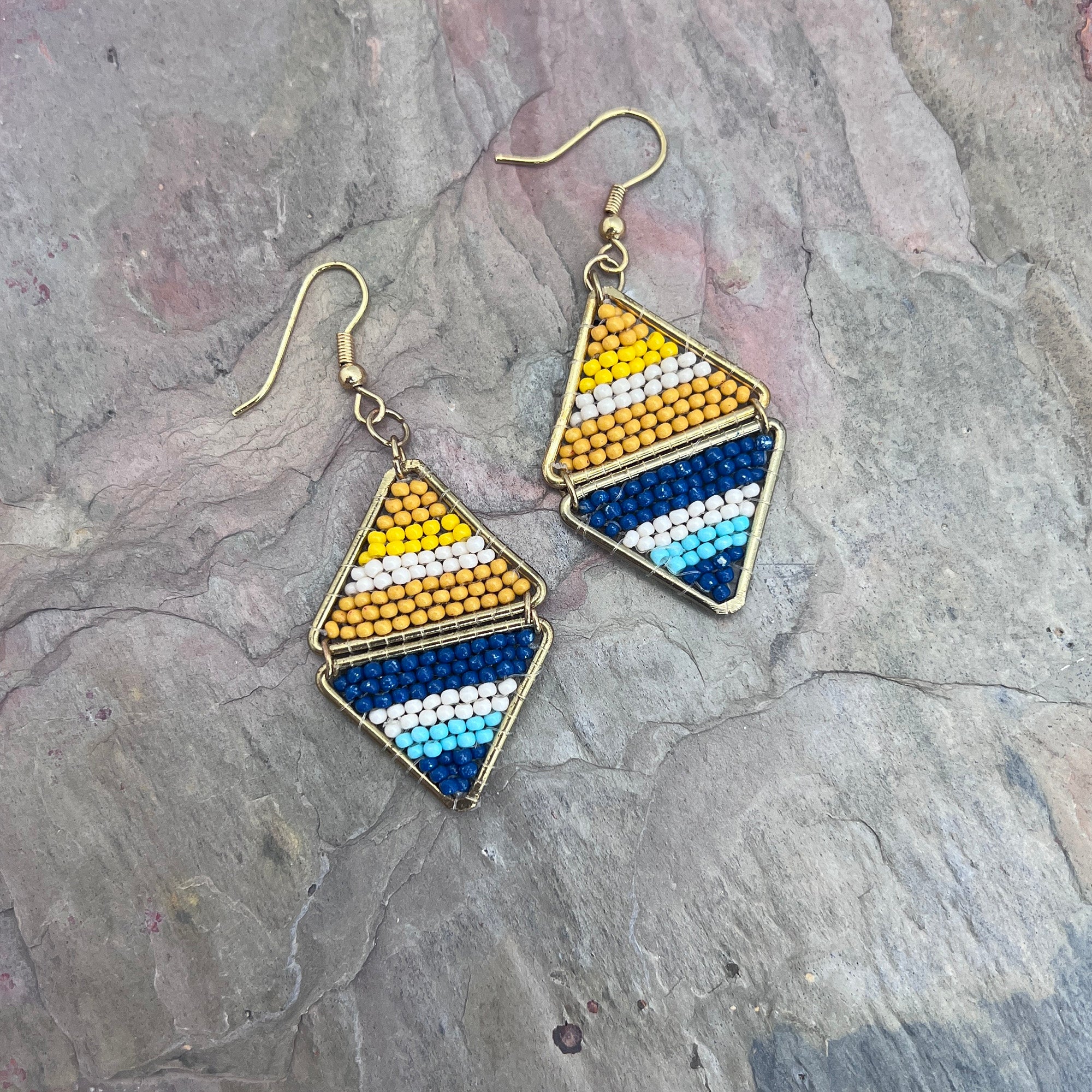 Seed Bead Layered Triangles Earrings - Yellow and Blue