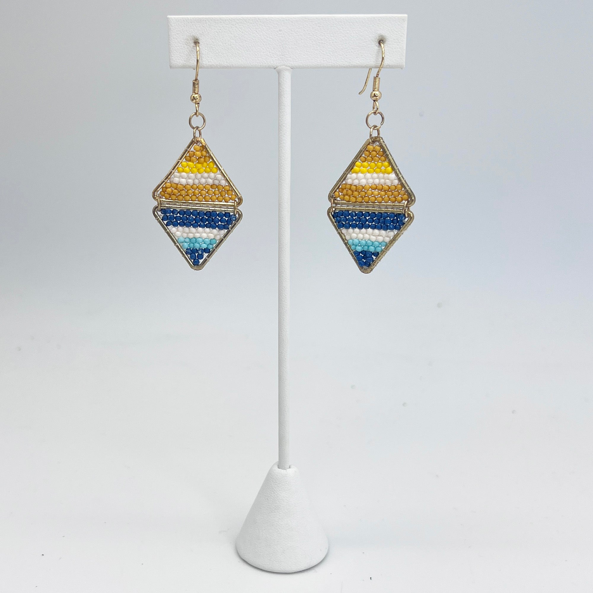 Seed Bead Layered Triangles Earrings - Yellow and Blue