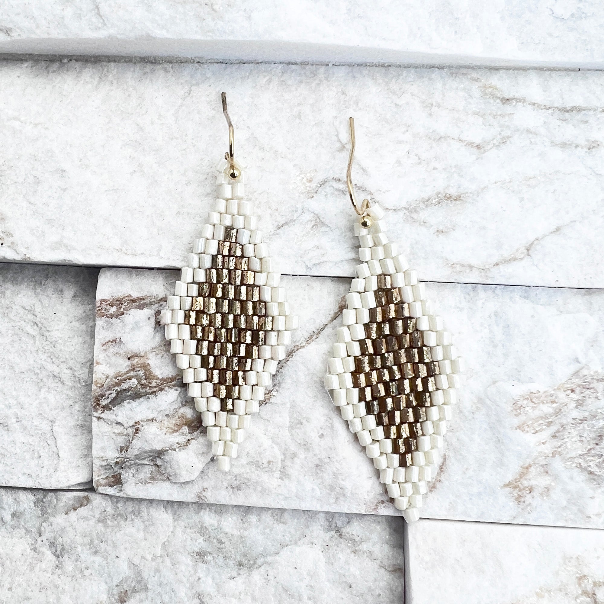 Seed Bead Diamond Shaped Earrings - White