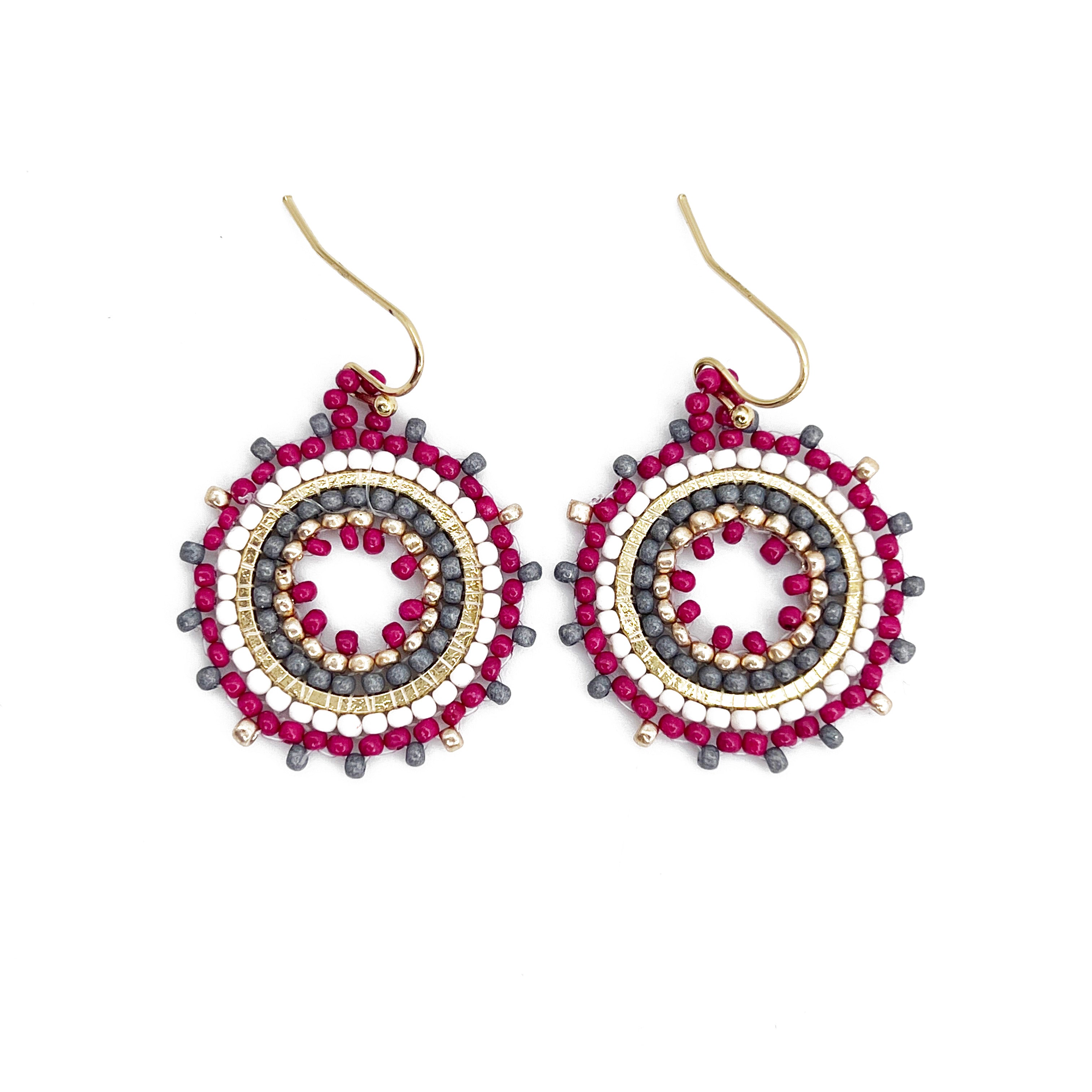 Seed Bead Mandala Hoop Earrings- Magenta