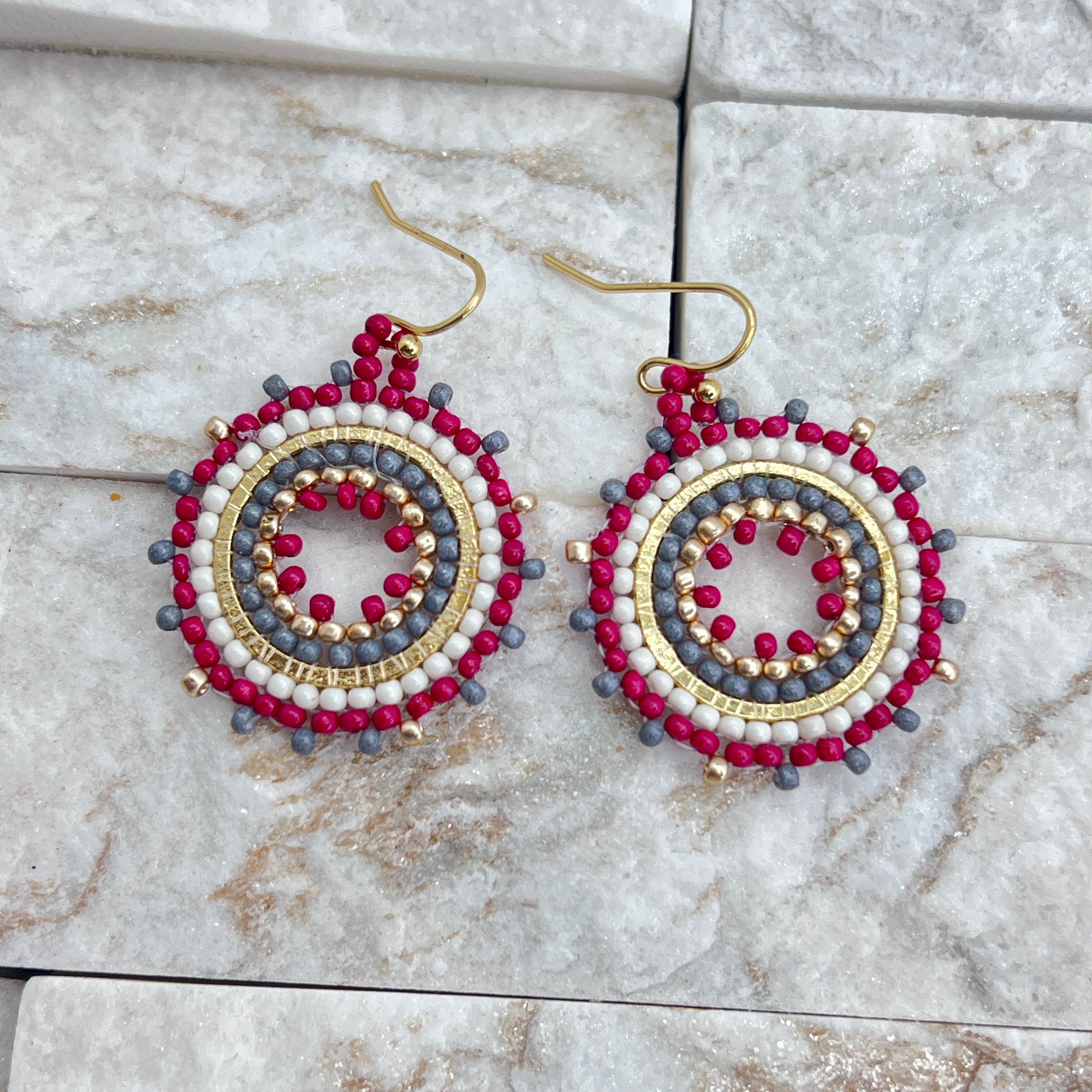 Seed Bead Mandala Hoop Earrings- Magenta