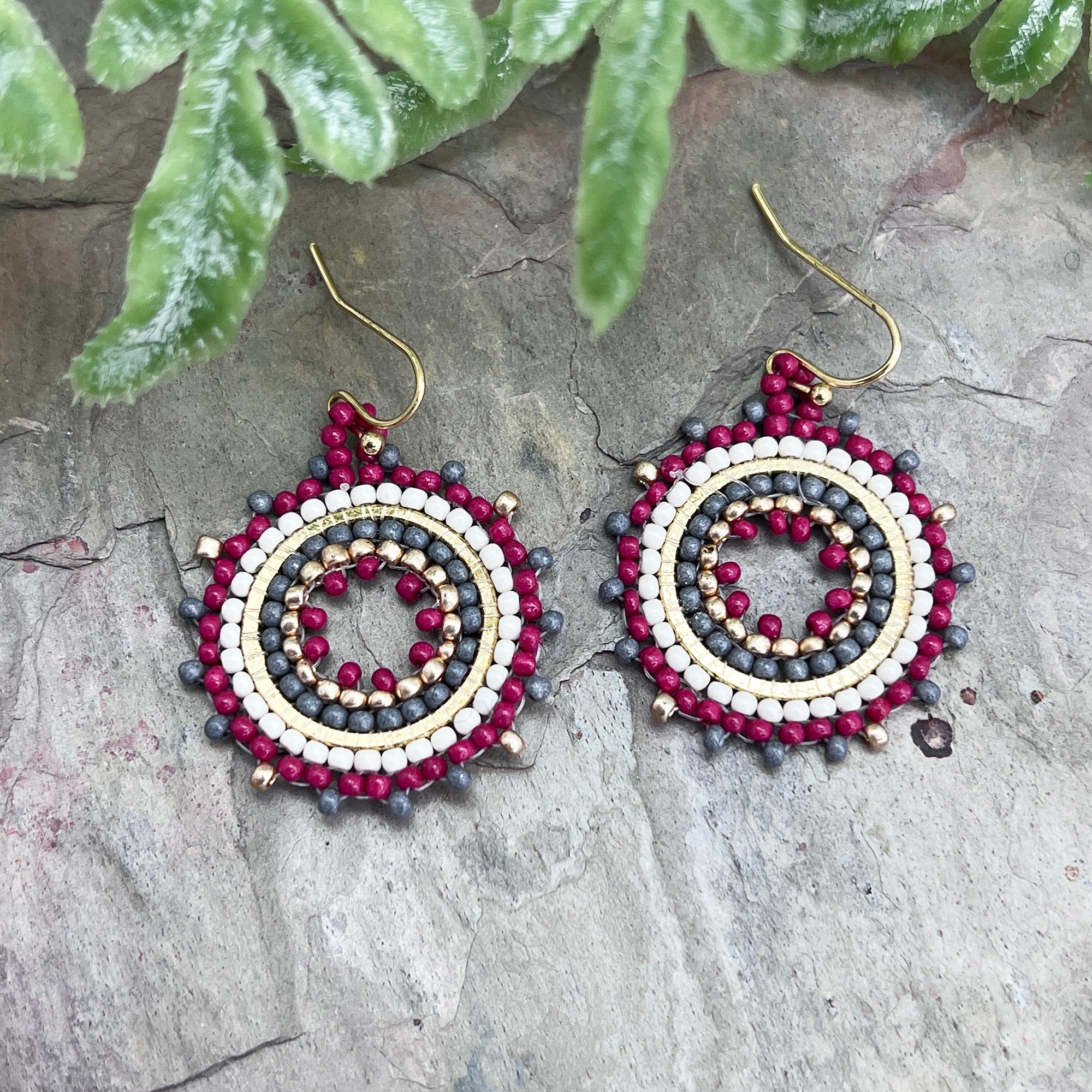 Seed Bead Mandala Hoop Earrings- Magenta