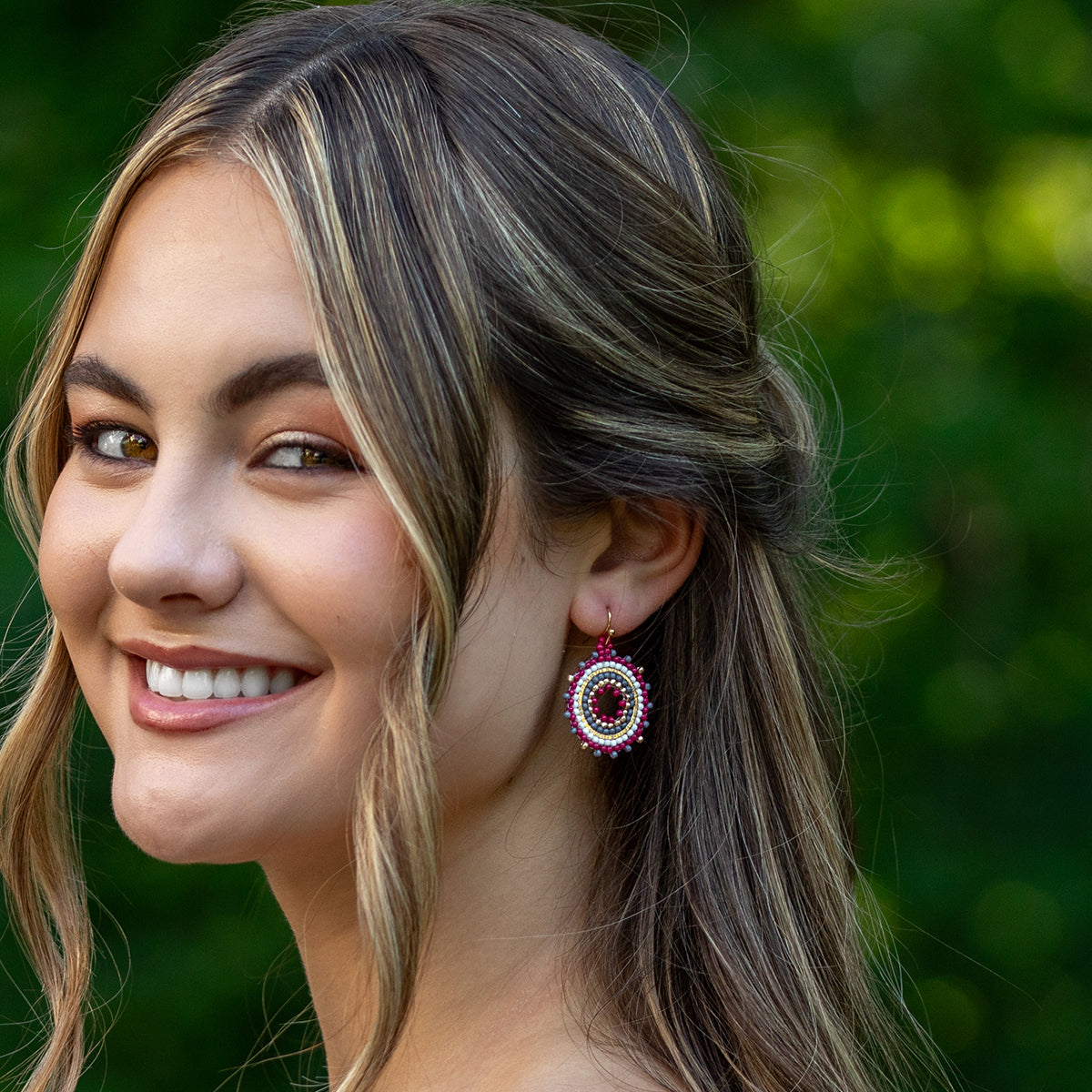 Seed Bead Mandala Hoop Earrings- Magenta